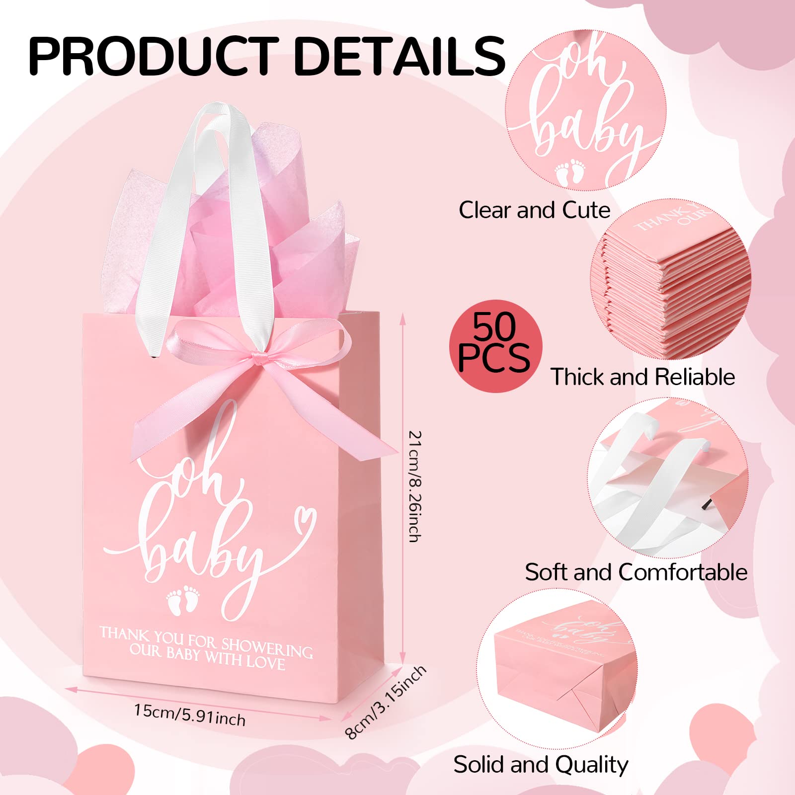 PerKoop 50 sztuk torebek na prezenty na baby shower, z bibułką, torba na baby shower, z uchwytem, papierowa torba na prezent i 50 arkuszy, dekoracyjna bibuła dla gości, prezenty ujawniające płeć,