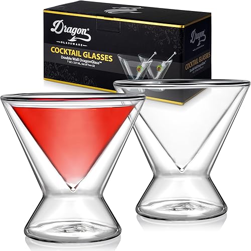 Dragon Glassware Vasos de Martini sin tallo, juego de 2 vasos transparentes de 7 onzas, juego de vasos de cóctel con aislamiento de doble pared,