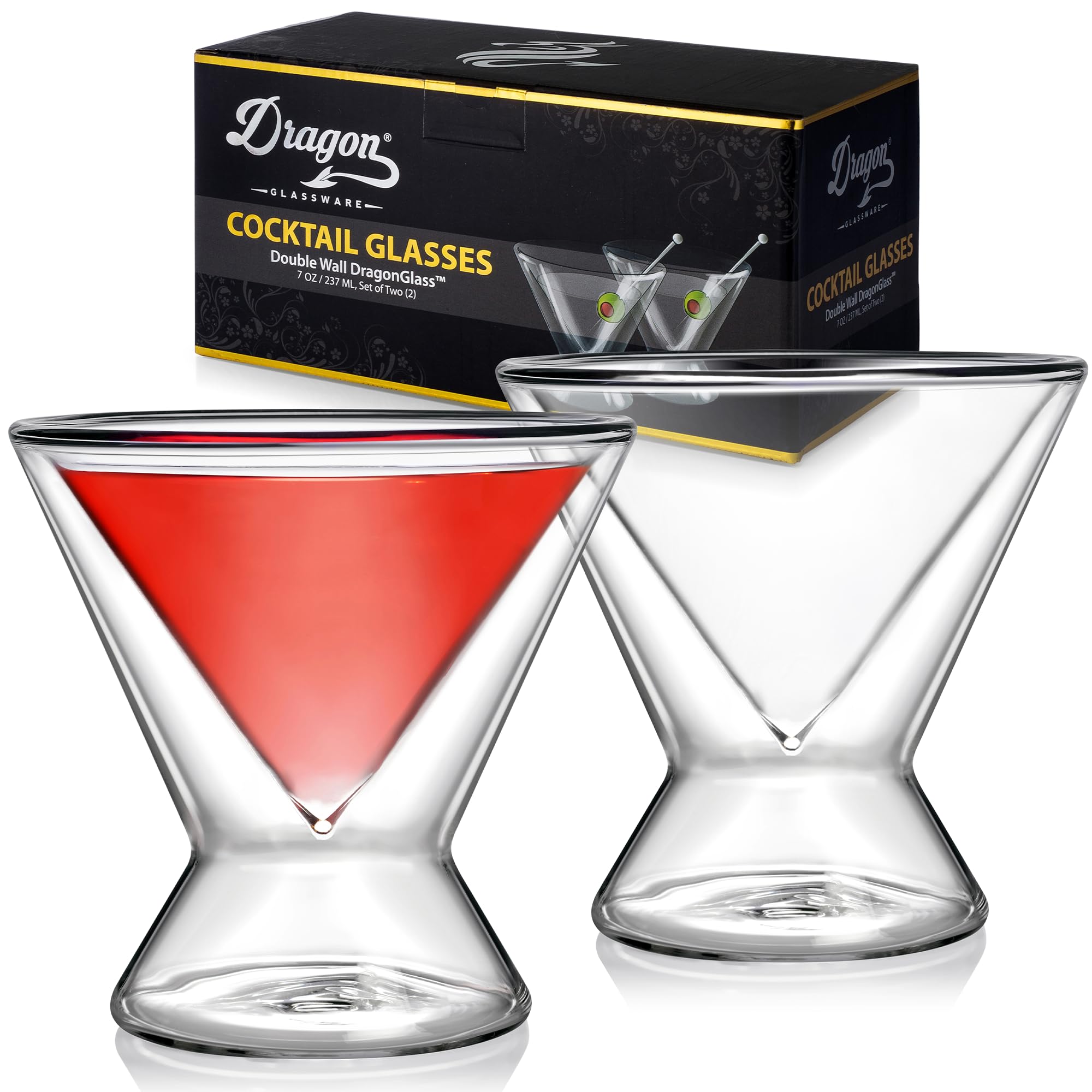 Stemless Martini Glasses - 7oz Clear Martini Glasses Set of 2 - Double Wall Insulated Cocktail Glass Set - Unique and Fun Gift for Espresso Martini Lovers