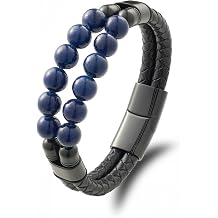 Black Braided Leather Bracelet for Men with Turquoise, Lapis Lazuli, Tiger Eye, Obsidian Stone Double-Row Wristband Beads with Stainless Steel Clasp Fashion Jewelry Gift for Him