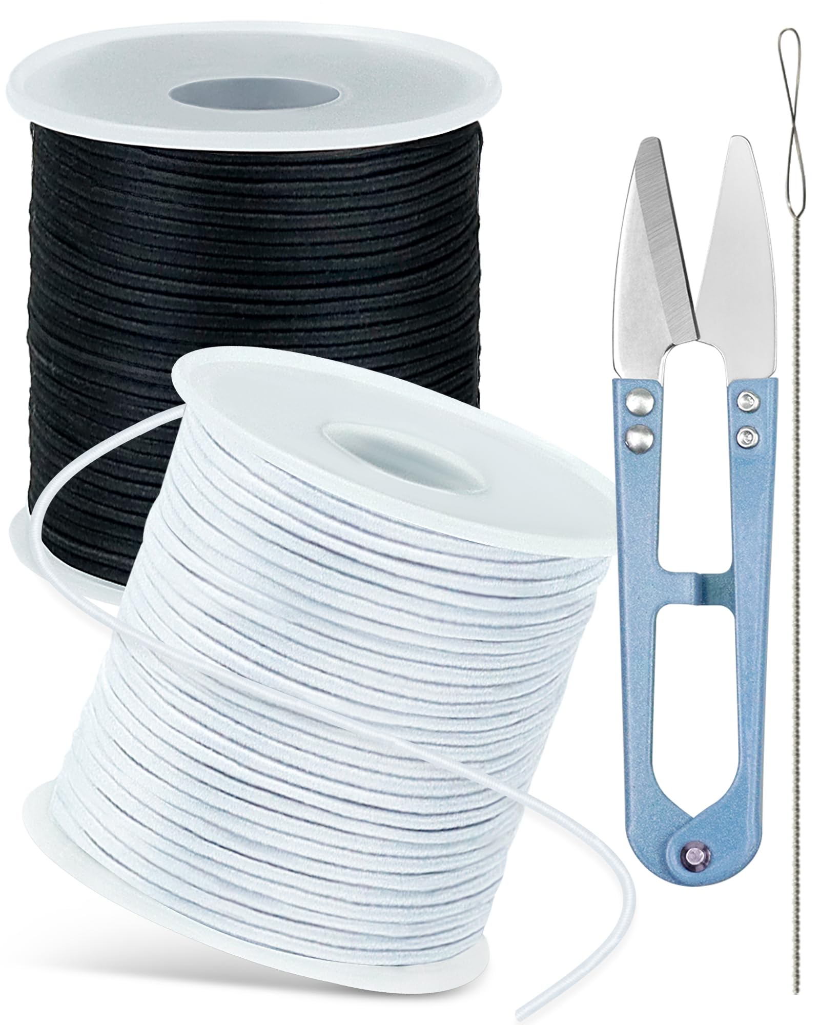 FIVEIZERO Cuerda elástica blanca y negra, 1 mm, 2 rollos de cordón elástico para pulseras, collares, joyería y manualidades (1 rollo/100 m negro + 1 rollo/100 m blanco)