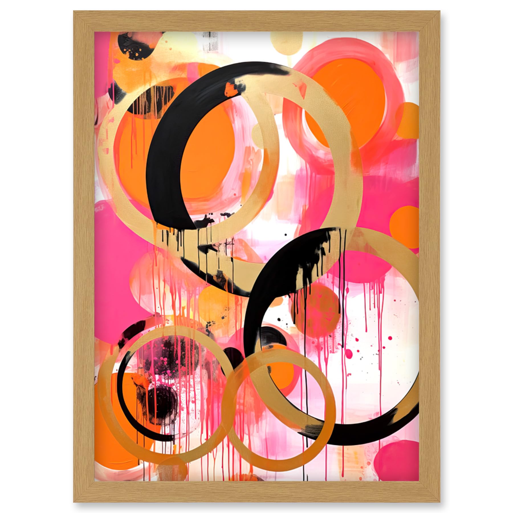 Artery8 Abstract Circles Oil Painting Bright Pink Orange Gold Black Geometric Drip Paint Artwork Framed Wall Art Print A4