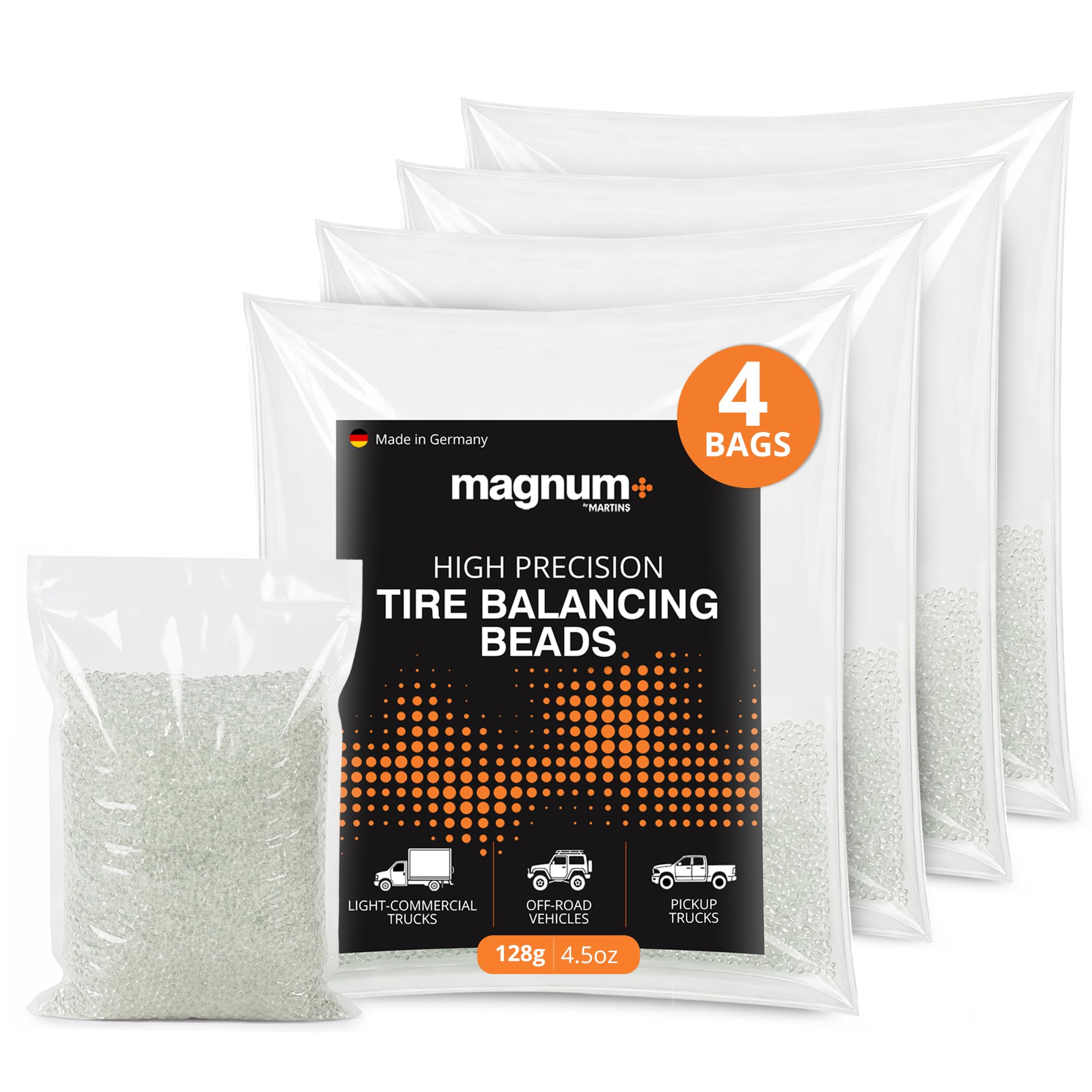 magnum+ Tire Balancing Beads for Trucks, Trailer, Motorcycles, Off-Road Vehicles – TPMS Compatible Tempered Glass Wheel Balance Beads – 4 Bags X 4.5 Oz/128 G, TIRE BEADS- 4PACKS