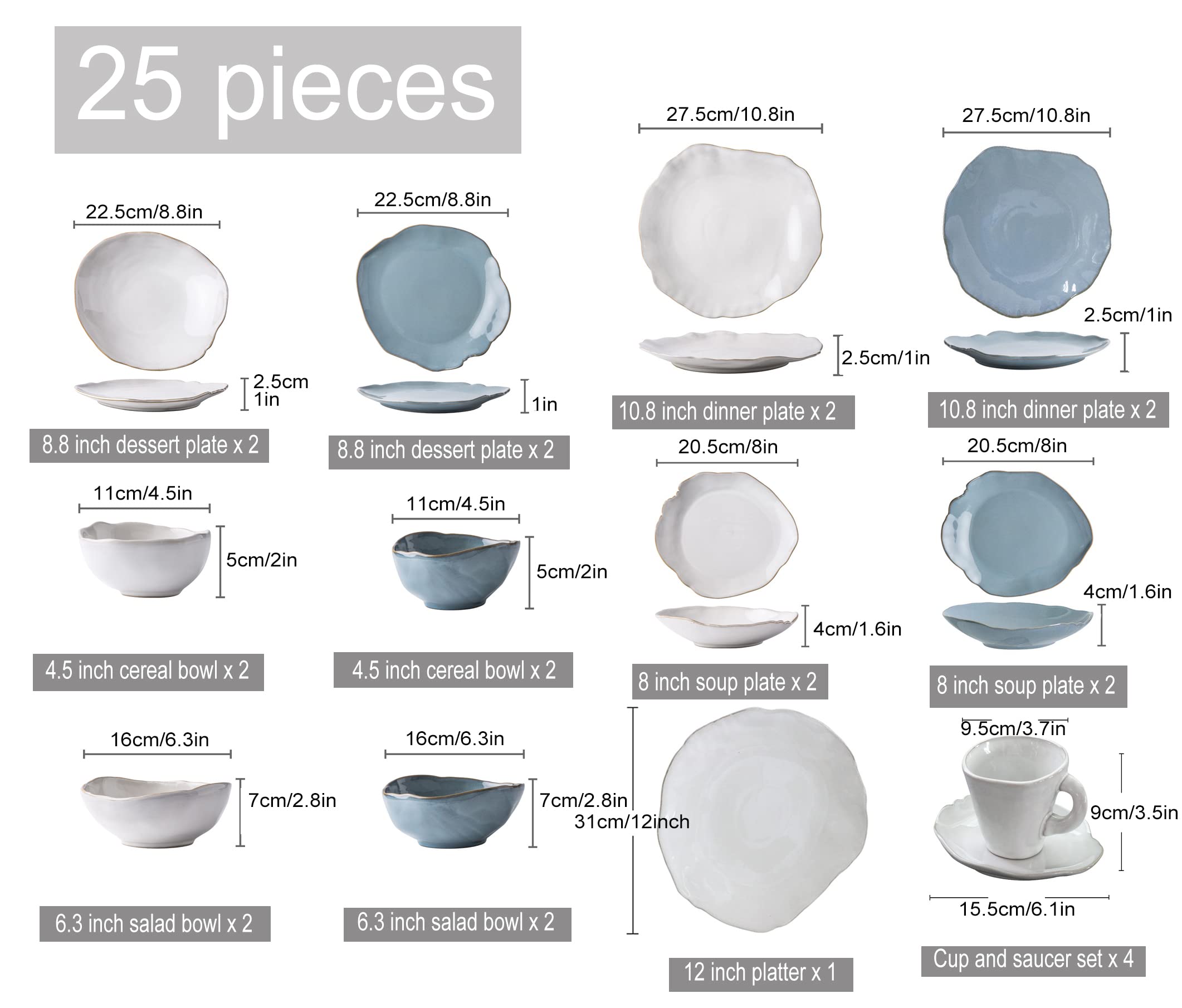 25-częściowy porcelanowy zestaw obiadowy z talerzem płaskim, talerz deserowy, talerz do zupy, miska, zestaw filiżanek i spodków, kompletny zestaw naczyń dla 4 osób