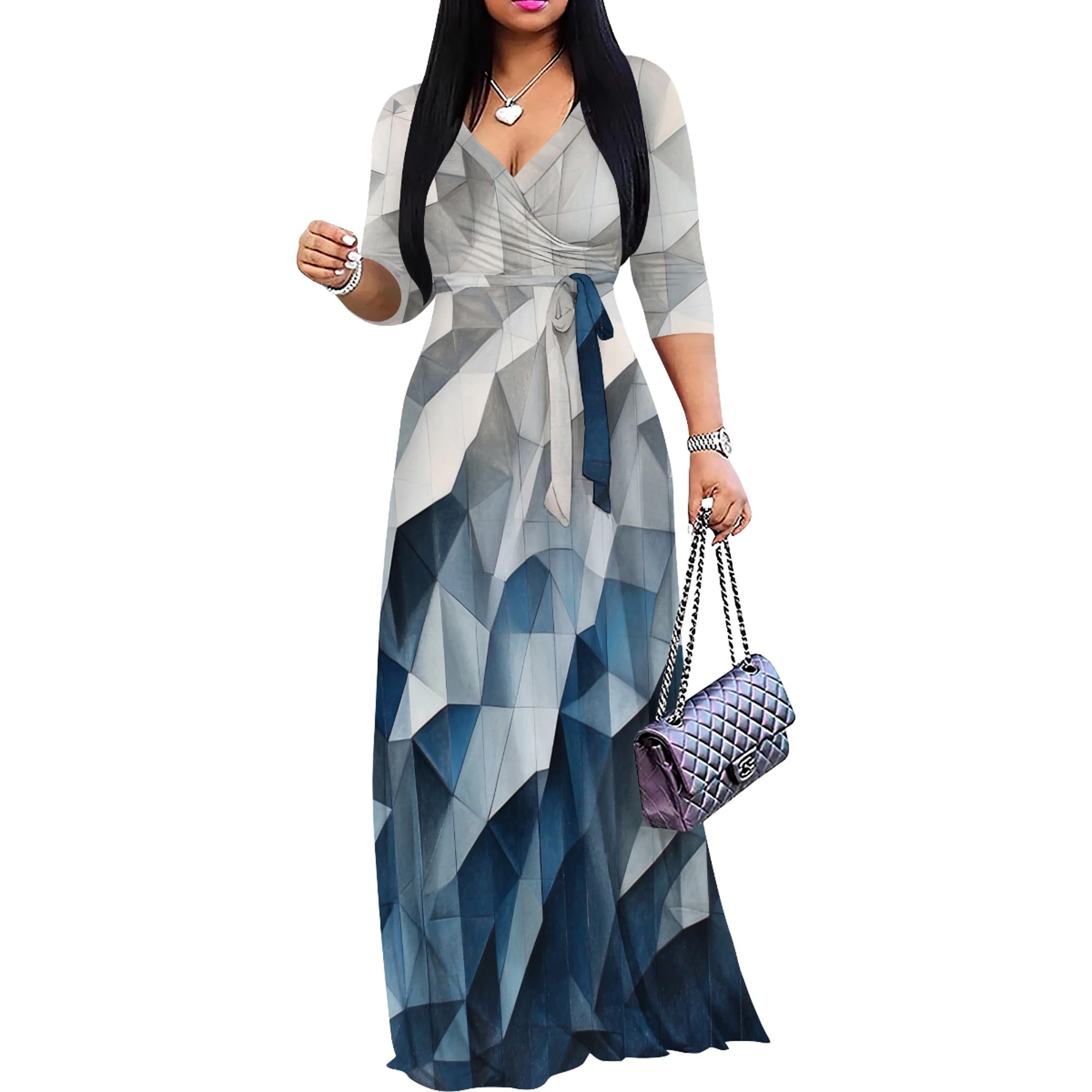 PinkPatty Women's Plus Size Maxi Dresses Casual Flowy 3/4 Sleeves Dress Printed Vacation Dress for Daily Wear with Belt