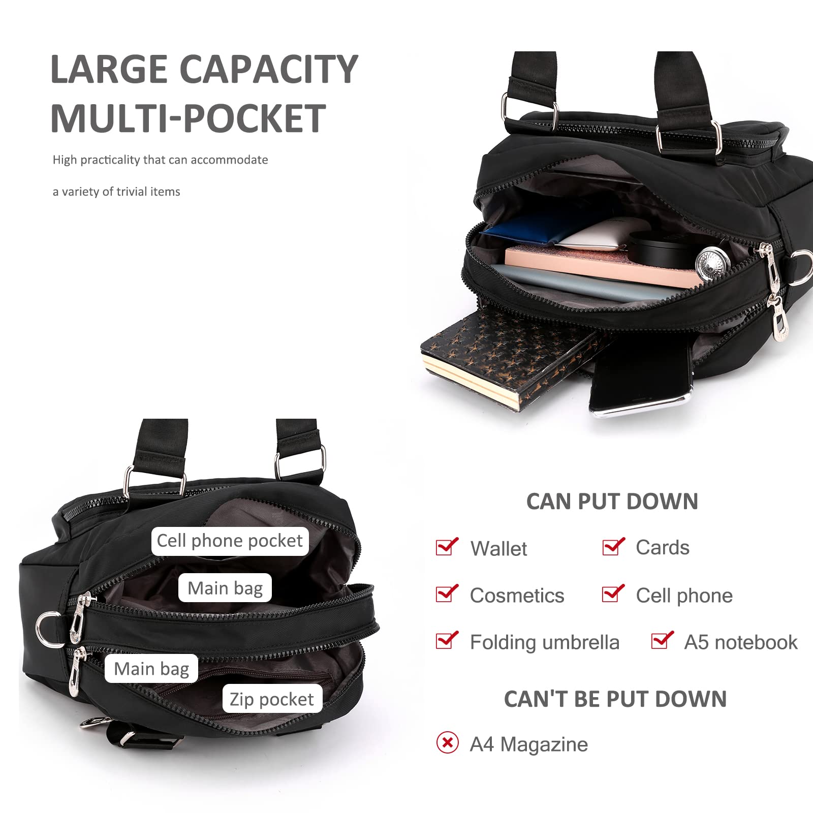 NICOLE & DORIS Borsa a Tracolla Casual Borse da Donna Multi Tasca Messenger Bag Borse a Spalla Leggera Borse Crossbody per Shopper Viaggio Lavoro Nero