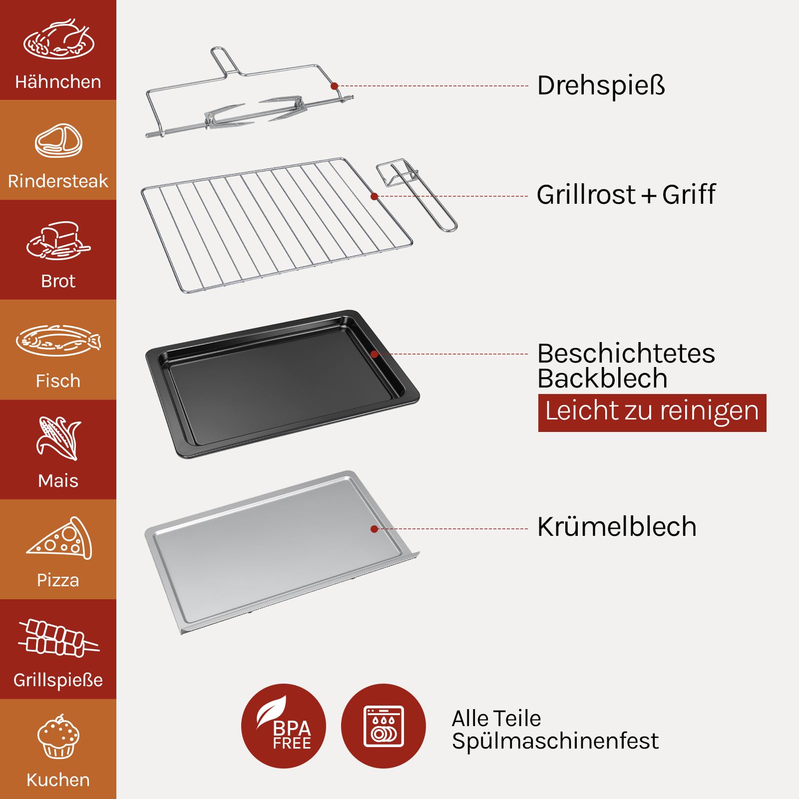 WOLTU Mini Backofen mit umluft, Pizzaofen 32 L, 1600 W, 100-230 °C, 0-60 Min. Timer, 5 Heizmodi, Doppelglastür, mit Drehspieß Backblech Grillrost Krümelblech Rostheber, Schwarz