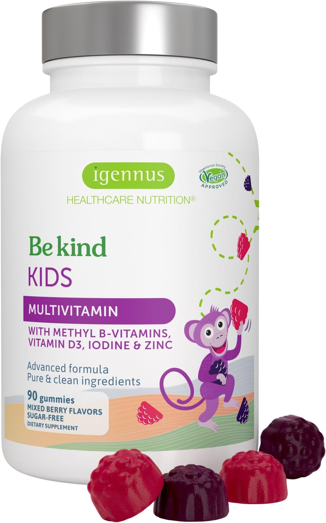 Igennus Methylated Kids Multivitamin Gummies, Age 4+, 90 Gummies | Clean Label & Third Party Tested, No Artificial Sweeteners or Flavors, Sugar Free, Natural Berry Flavor, Non-GMO, Halal