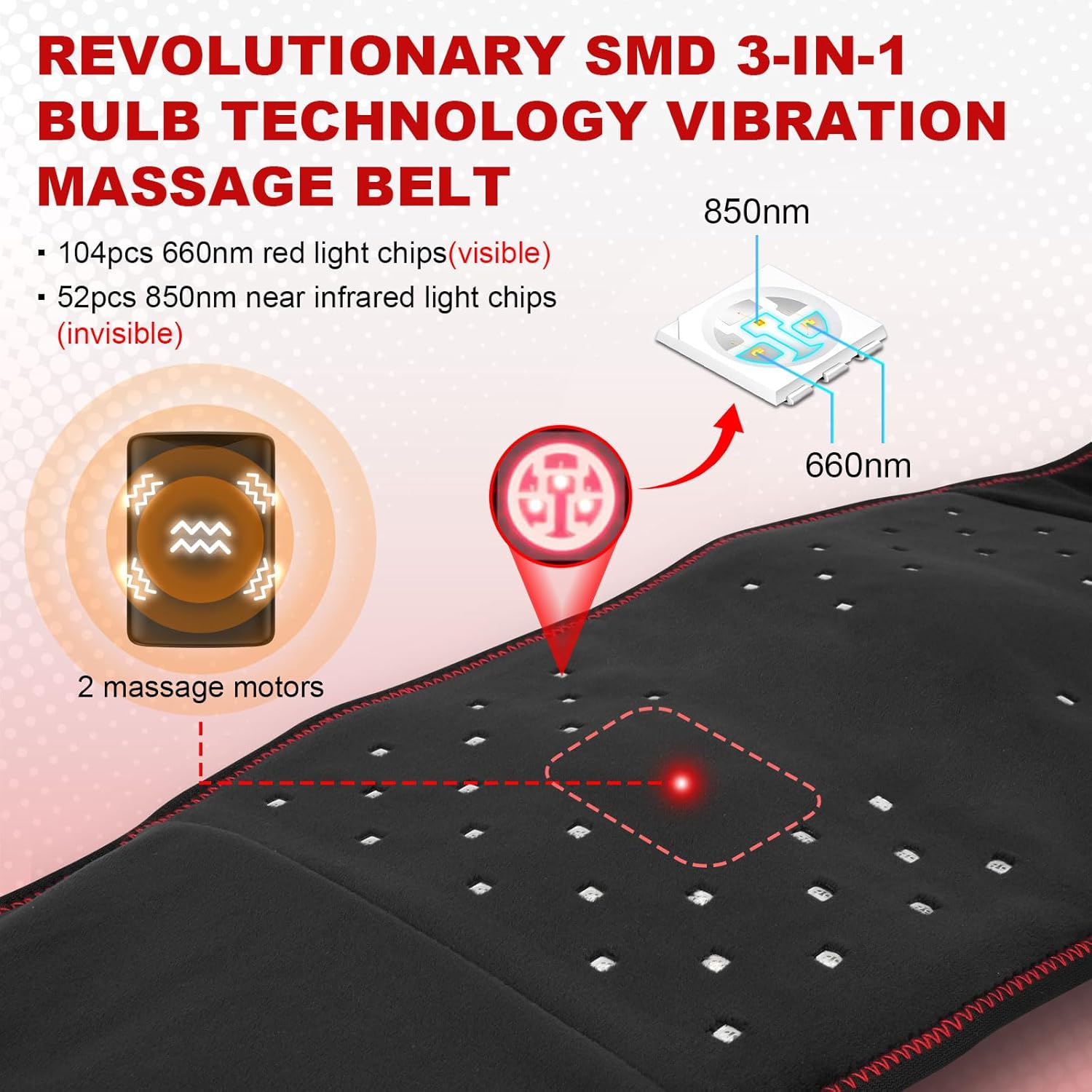 Cordless Red Light Therapy Belt for Body, Portable Infrared Light Therapy Massage Belt with Timing,3 Vibration Modes, 660nm 850nm Deep Therapy for Back Knee Hands Feet - Image 3