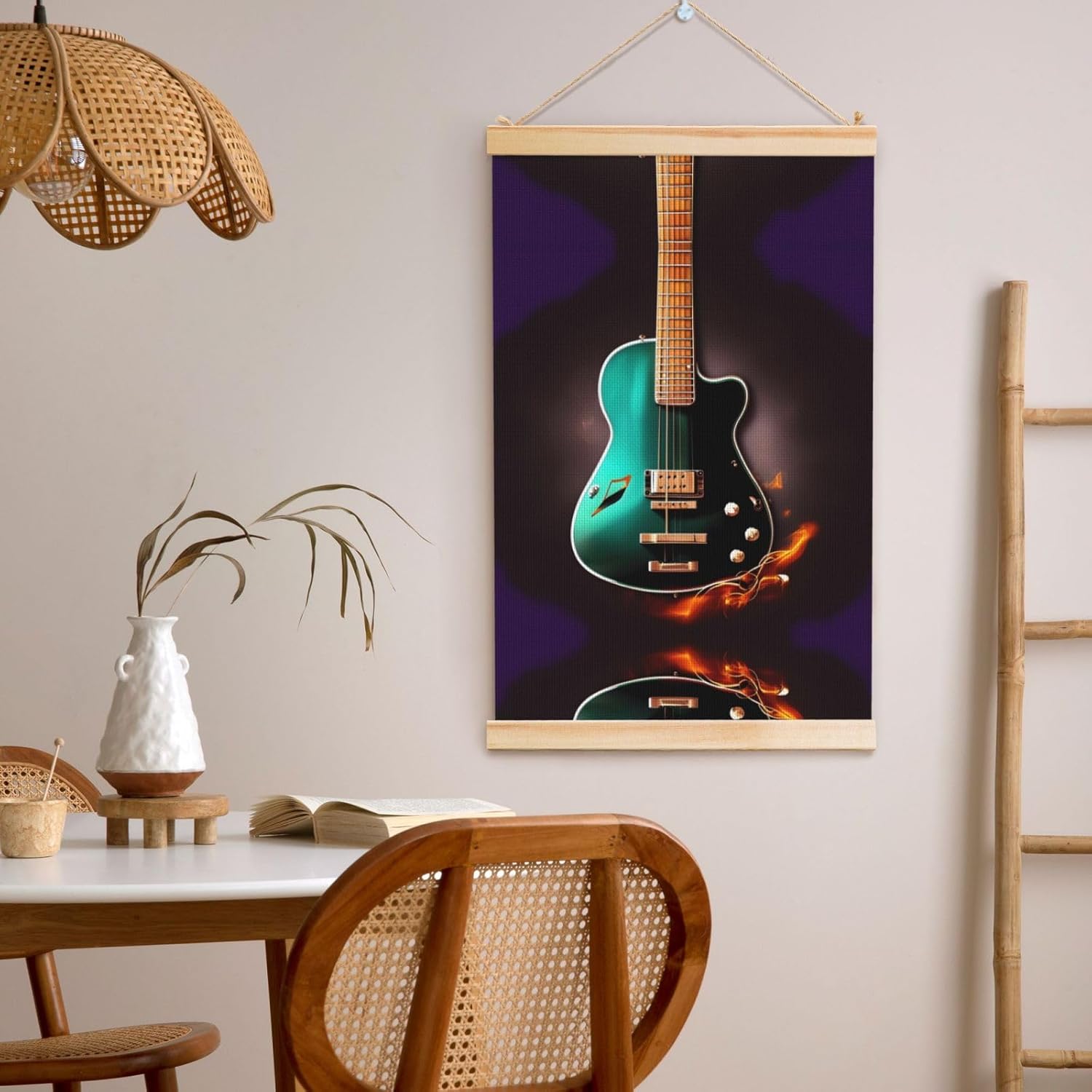 Music Green Guitar Print Poster Hanger,Hanging Poster, Poster Frame,Wood Poster Hanger, For Wall Hanging
