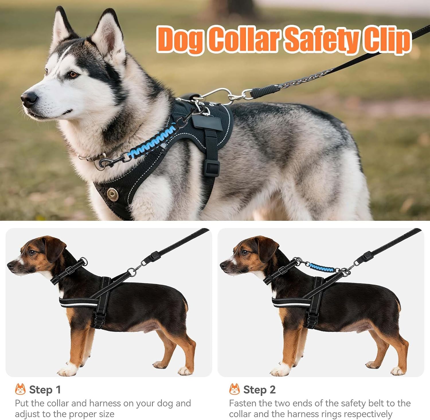 Dog Collar Safety Clip, Collar Companion, Handmade Backup Safety Strap, Double-Ended Clip Leash Connector, Suitable for Dog Harnesses, Prong, Pinch Collars (Black Purple + Black Blue, 2 Pack) image 2