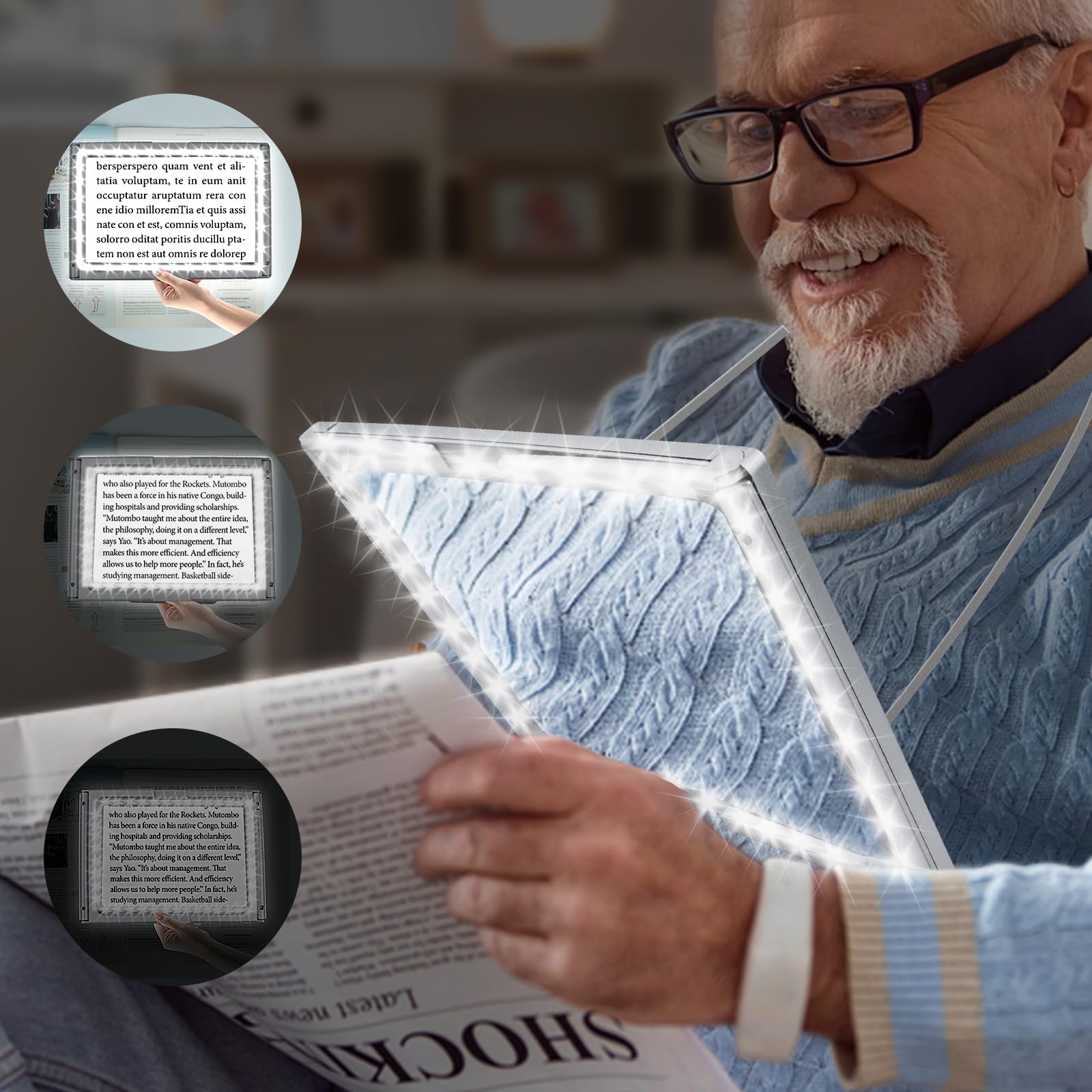 Magnifying Glass for Reading, 10"x 6" Large Lightweight Magnifier with 50 Bright LED Lights Provide Full Book Page Viewing Area Evenly Lit Perfect for Low Vision Person and Seniors Silver