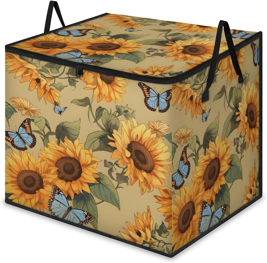 Honeybaby 214L Extra Large Comforter Storage Bag Butterfly Sunflower Prints Storage Totes with Lids Waterproof Closet Organizer Folding Blanket Storage Bags for Clothes Bedding Pillows