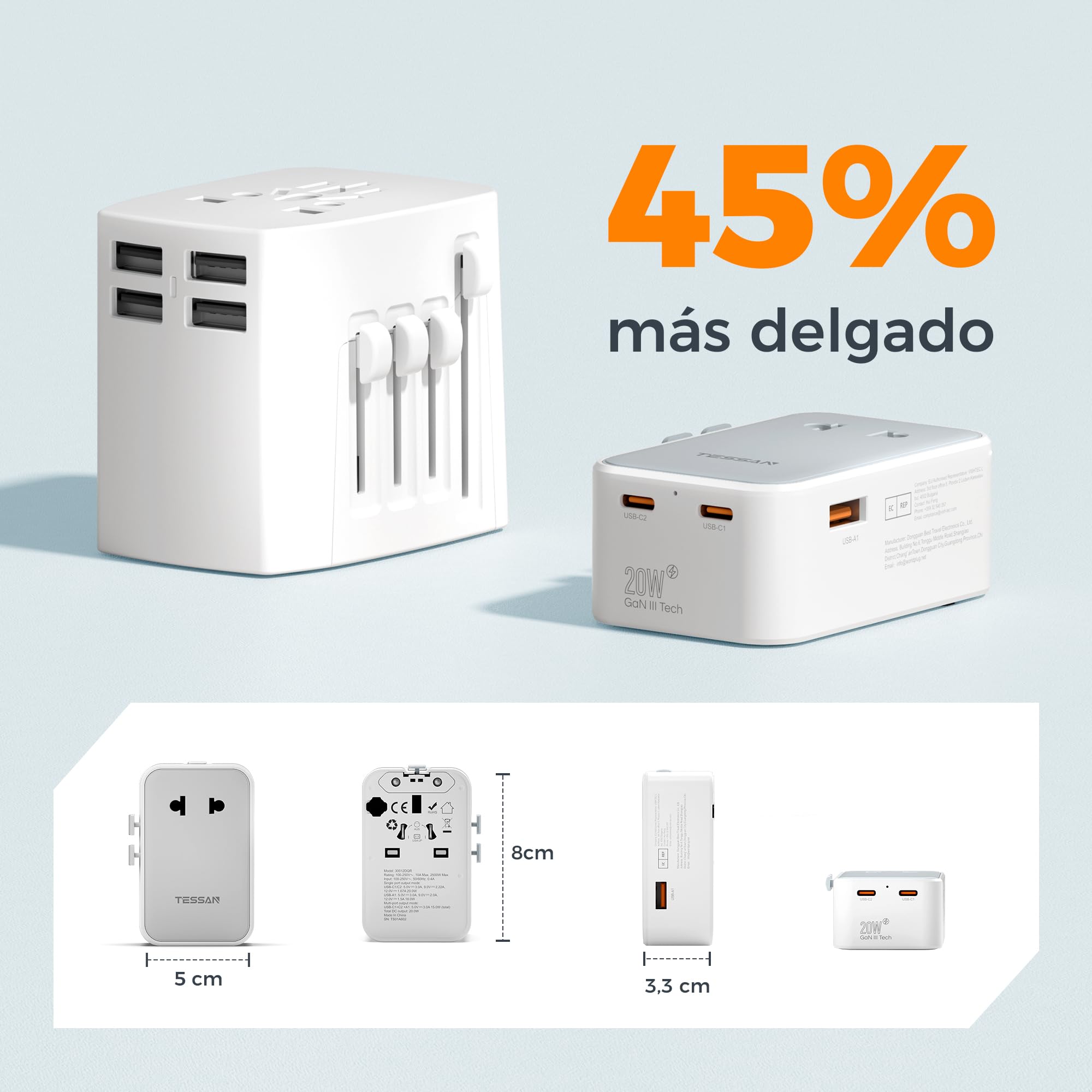TESSAN Adaptador Enchufe Universal PD 20W, Adaptador Universal Enchufe Viaje con 2 USB C y 2 USB A, Travel Adapter para Uso en Europeo, UK, Americano, Japón, Australia, Canadá, México y China, Gray