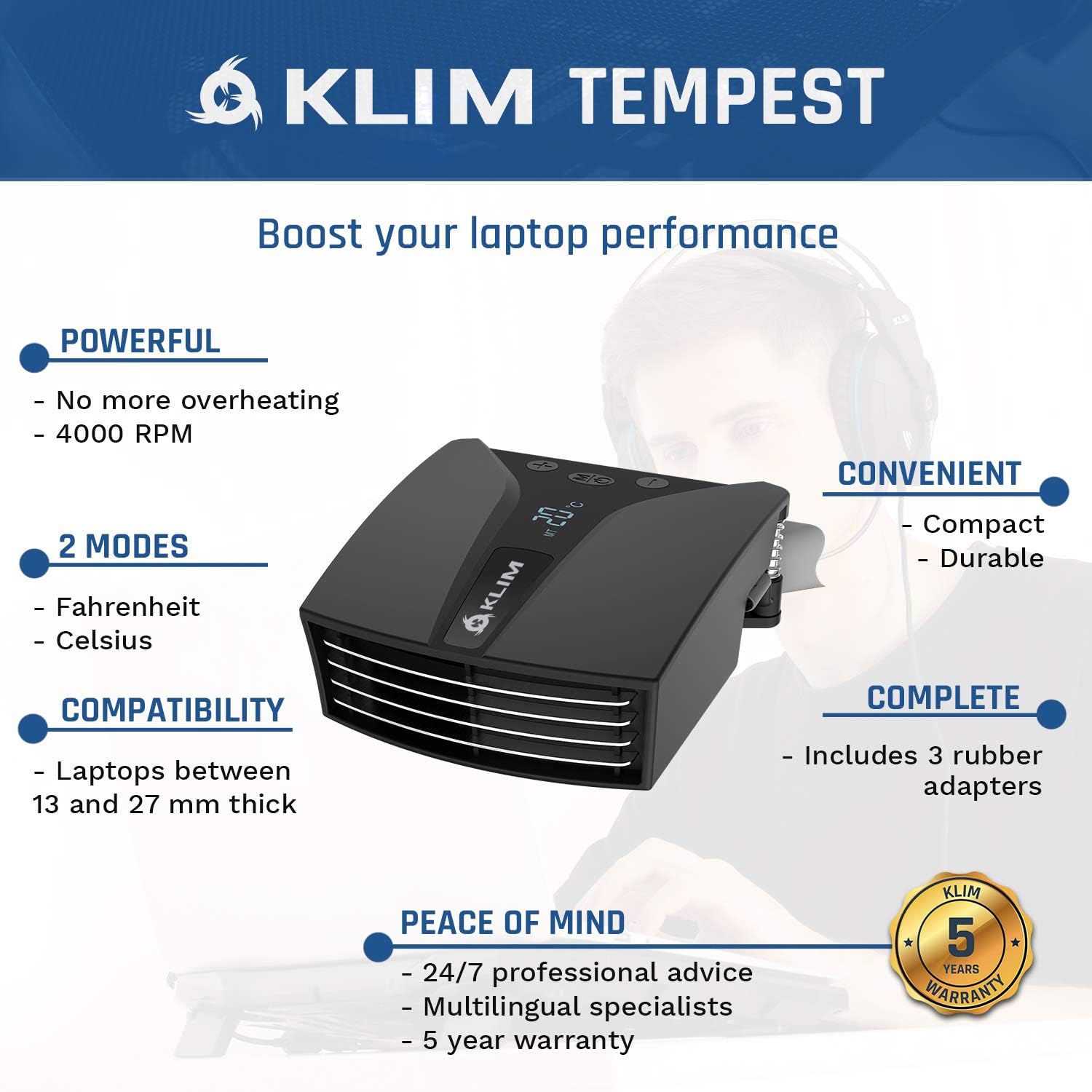 KLIM Tempest, Laptop Cooler With Vacuum Fan, Innovative Design for Rapid Cooling, Temperature Detection - Image 3