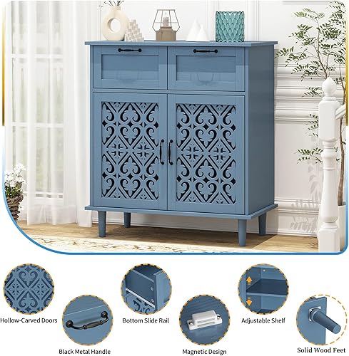 Miniatura 3 de Armario de almacenamiento de cocina con cajones - Armario decorativo con puerta tallada, aparador de piso buffet con almacenamiento, pequeña Azul_2