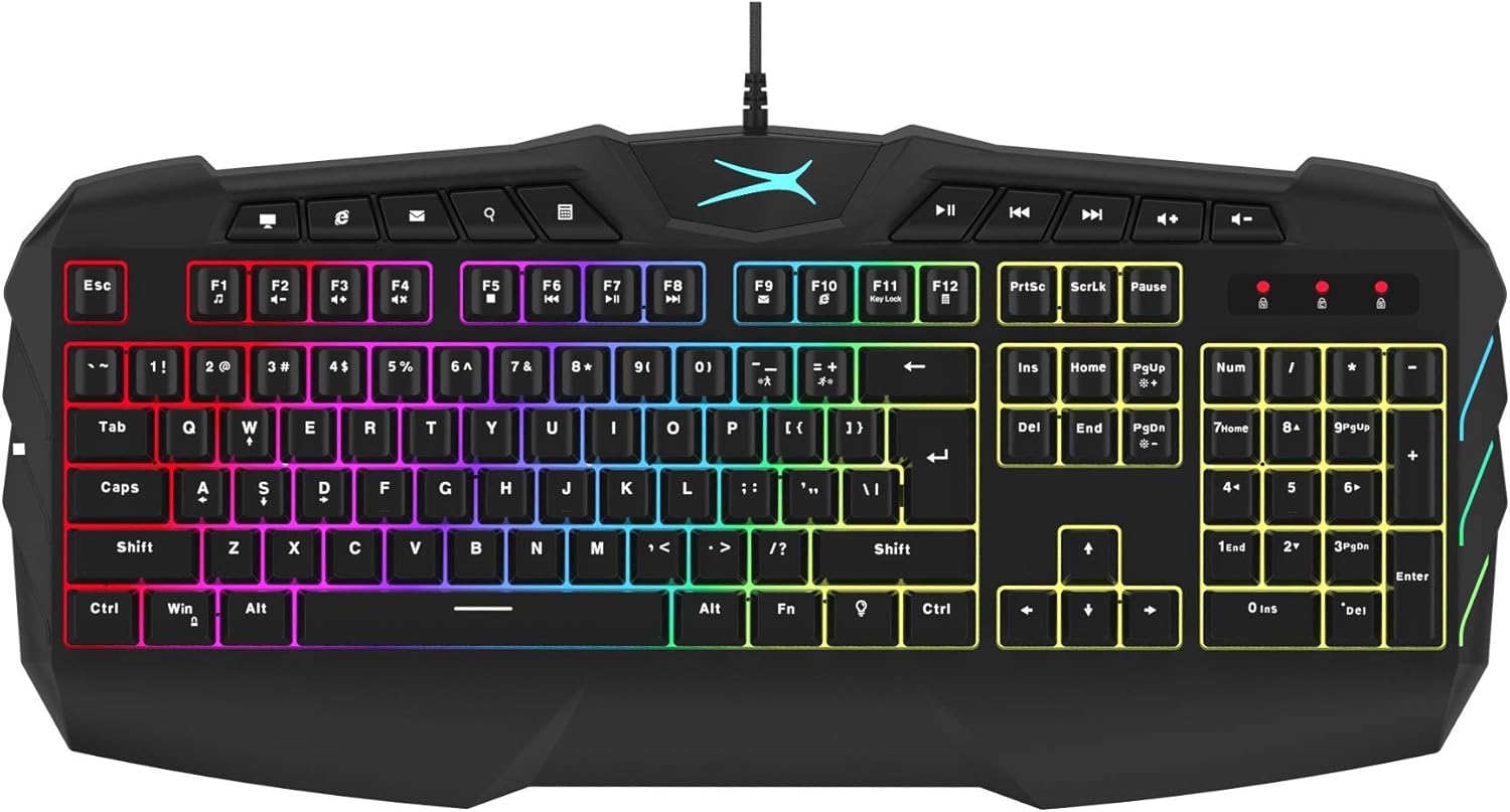Altec Lansing M180 RGB Gaming Keyboard, top-down view showing full keyboard layout with colorful RGB backlighting.
