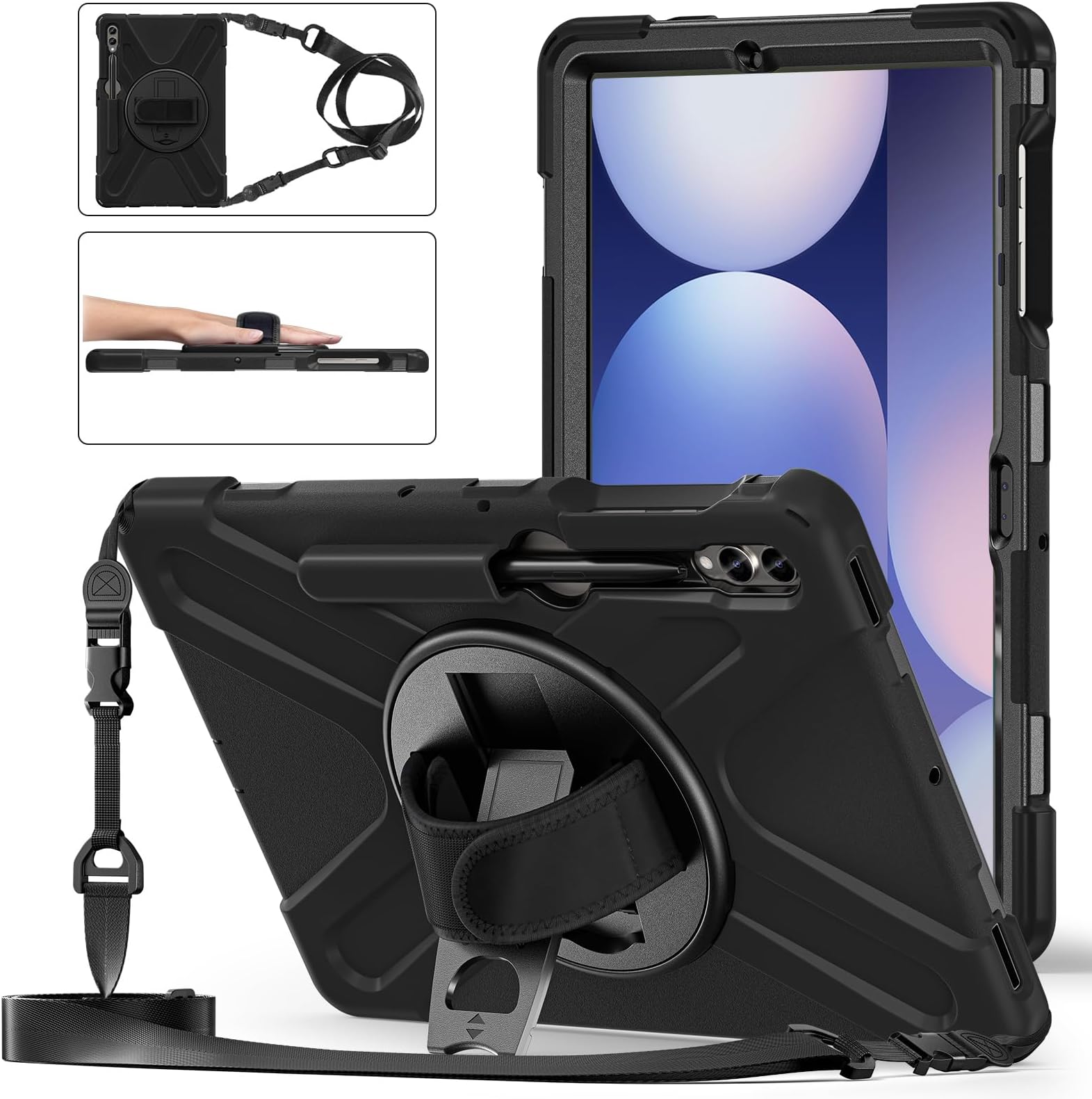 Case for Samsung Galaxy Tab S10+/S9 FE Plus/S7 FE/ S9 Plus/S8 Plus/S7 Plus, Samsung S10 Plus Case Shockproof Rugged with 360 Rotating Stand/Hand & Shoulder Strap Cover Tab S10 Plus,Black