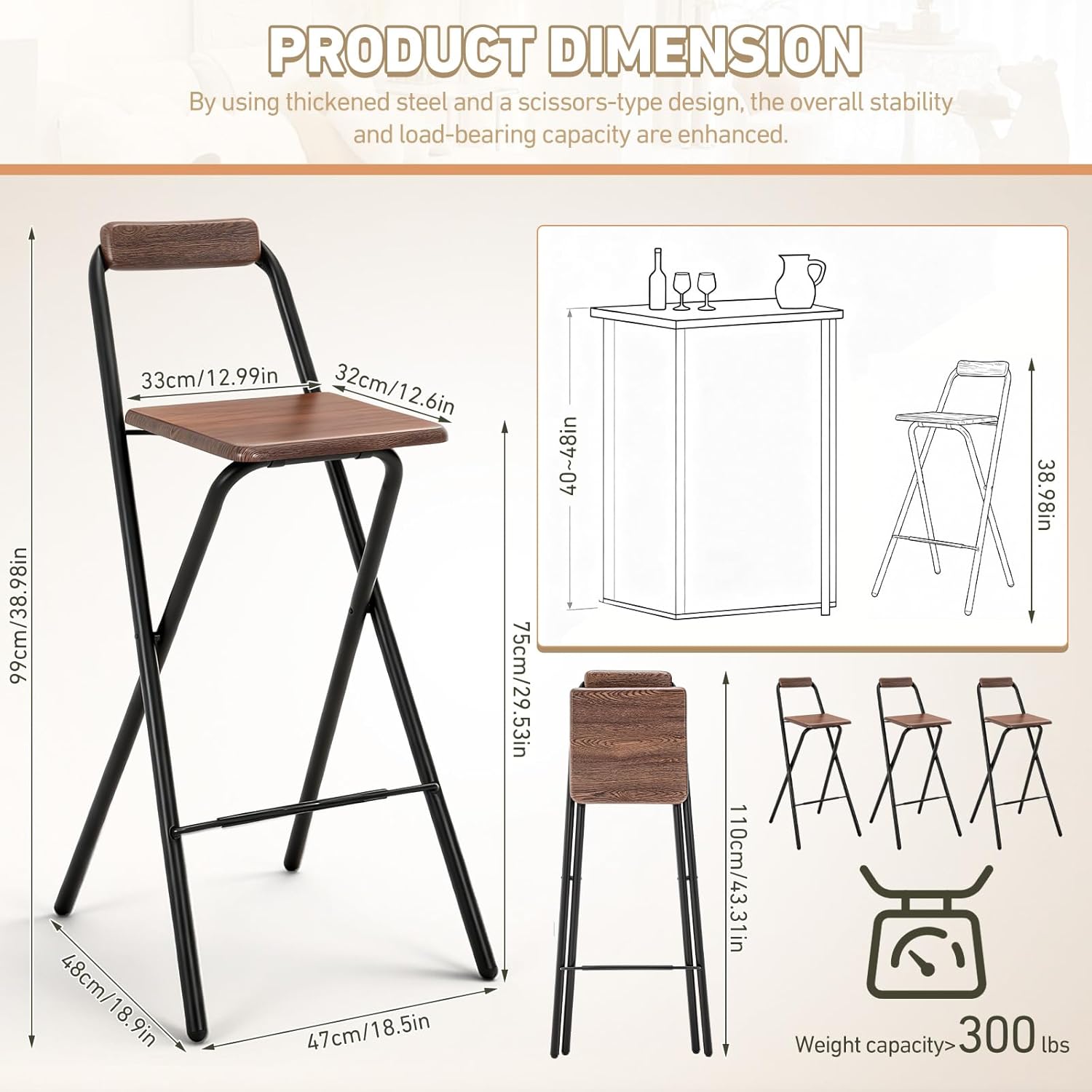 Sintuff 1 Pcs Folding Bar Stool with Backrest 29.5 Inch Portable Tall Foldable Stool Chair Metal High Folding Bar Chair Wooden Seat for Bars, Kitchen, Outdoor Shop, Parties, Cafes Walnut Color