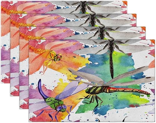 Miniatura 7 de Juego de 6 manteles individuales cuadrados de tela con diseño de libélula pintada para mesa de cocina, resistentes al calor, fáciles de limpiar, 12