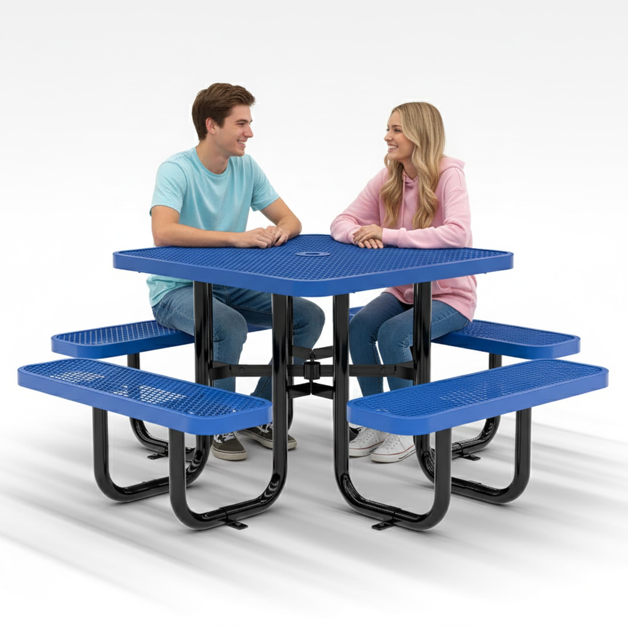 OUTTANS Metal Picnic Tables for Outdoors with Umbrella Hole - Coated Steel Heavy Duty Commercial Grade Furniture with Adjustable Seats (Blue, 38 in,