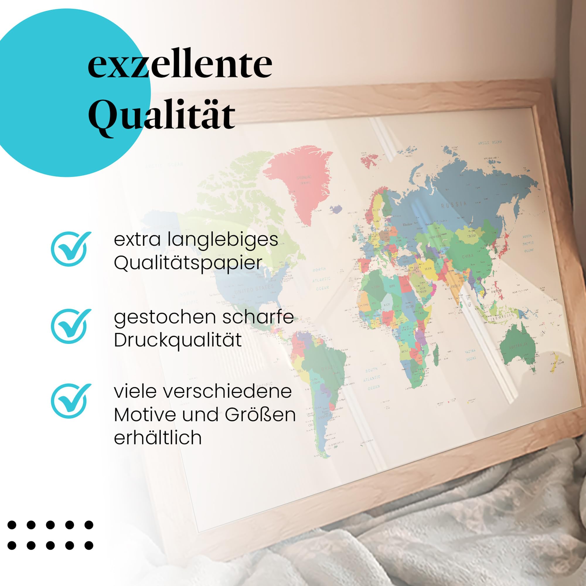 Postereck - 0666 - Politische Weltkarte, Land Hauptstadt Kontinent - Unterricht Klassenzimmer Schule Wandposter Fotoposter Bilder Wandbild Wandbilder - Leinwand - 100,0 cm x 75,0 cm