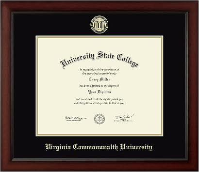 Virginia Commonwealth University 14" w x 11" h Diploma Frame - Fits a bachelors, masters and phd - Gold Embossed Diploma Frame - Cherry Moulding with Black and Gold Matting