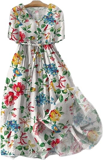 Womens Summer Dresses Boho Floral Lapel Dress 3/4 Sleeve Neck Button Casual A-Line Lace-Up Dress