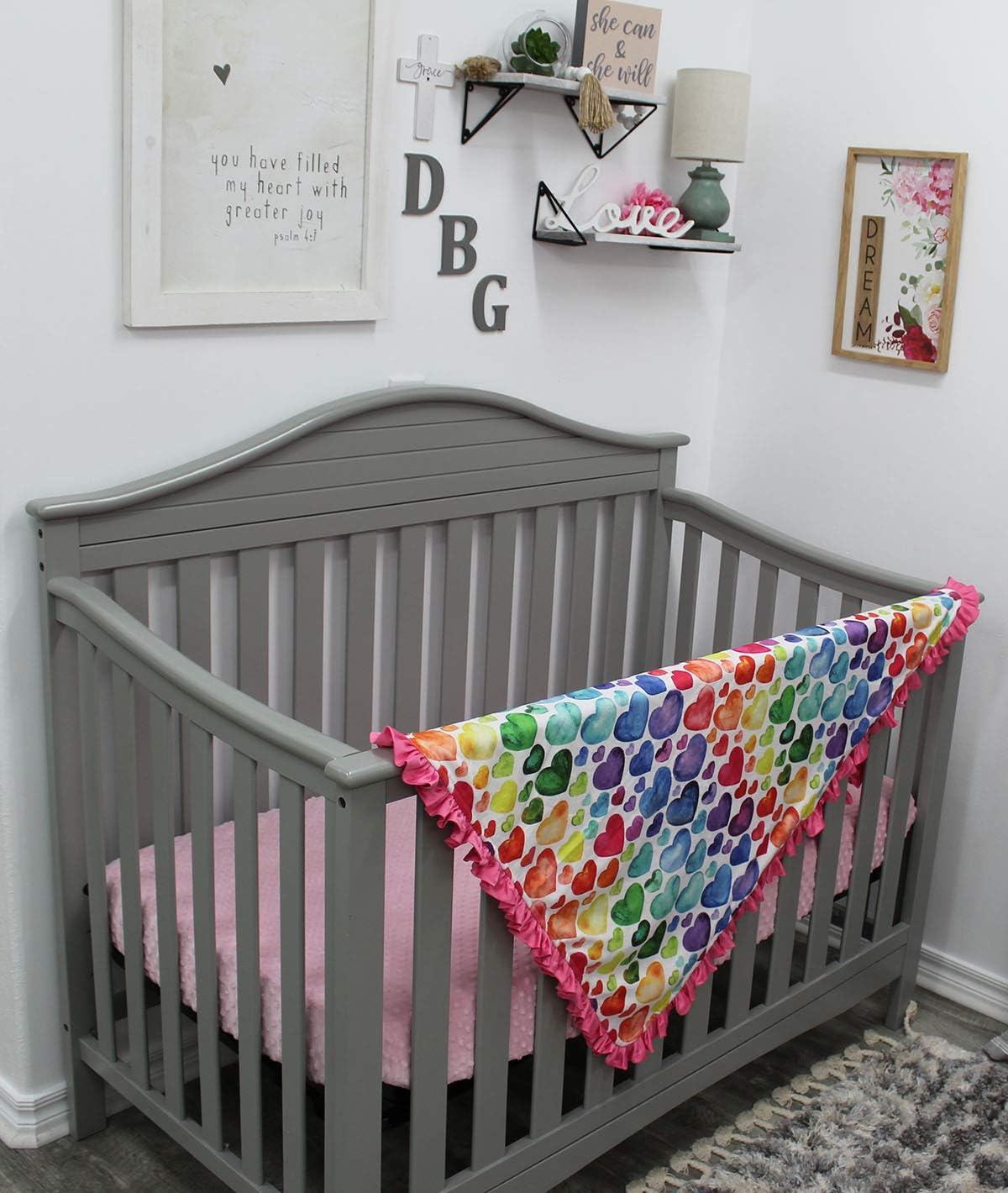 Dear Baby Gear Heart Deluxe Baby Blanket - Double Layer Reversible, Milestone & Infant Gifts for Girls - Toddler Blankets - Bright Colored Hearts - Hot Pink with Ruffles - 40"x30"