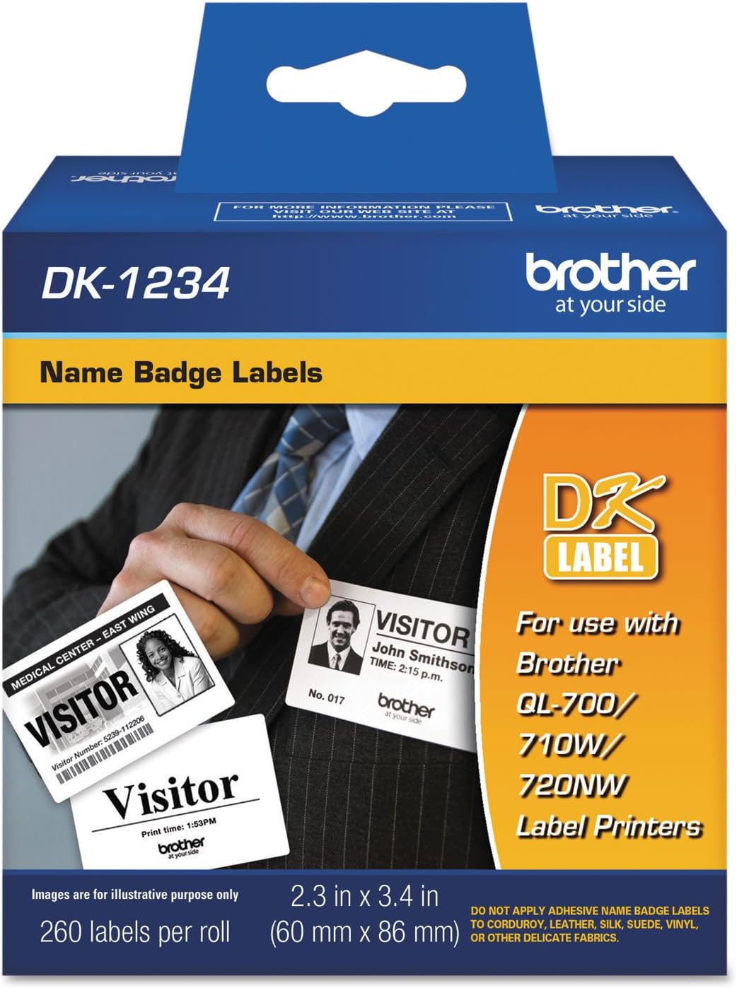Genuine DK-1234 Die-Cut Adhesive Name Badge White Paper Labels for Brother QL Label Printers, 2.3" x 3.4" (60mm x 86mm), 260 Labels per Roll, DK1234
