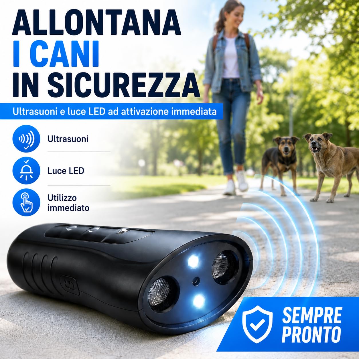 Repellente Ultrasonico Portatile per Cani - Dispositivo Ultrasuoni Dissuasore Antiabbaio e Addestramento con Doppia Frequenza e Torcia LED - Scacciacani Tascabile di Sicurezza e Difesa