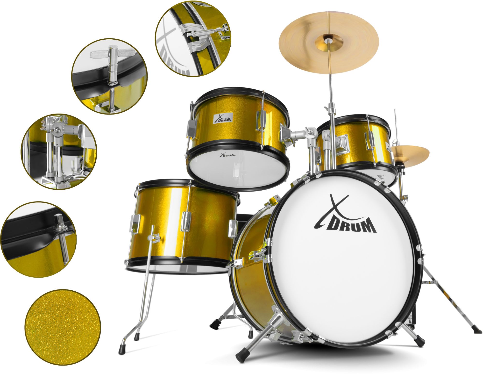 XDrum Junior Pro Kinder Schlagzeug Sunset Gold Sparkle - geeignet von 5-9 Jahren - Drumset mit komplettem Zubehör - inkl. Schule - Orange