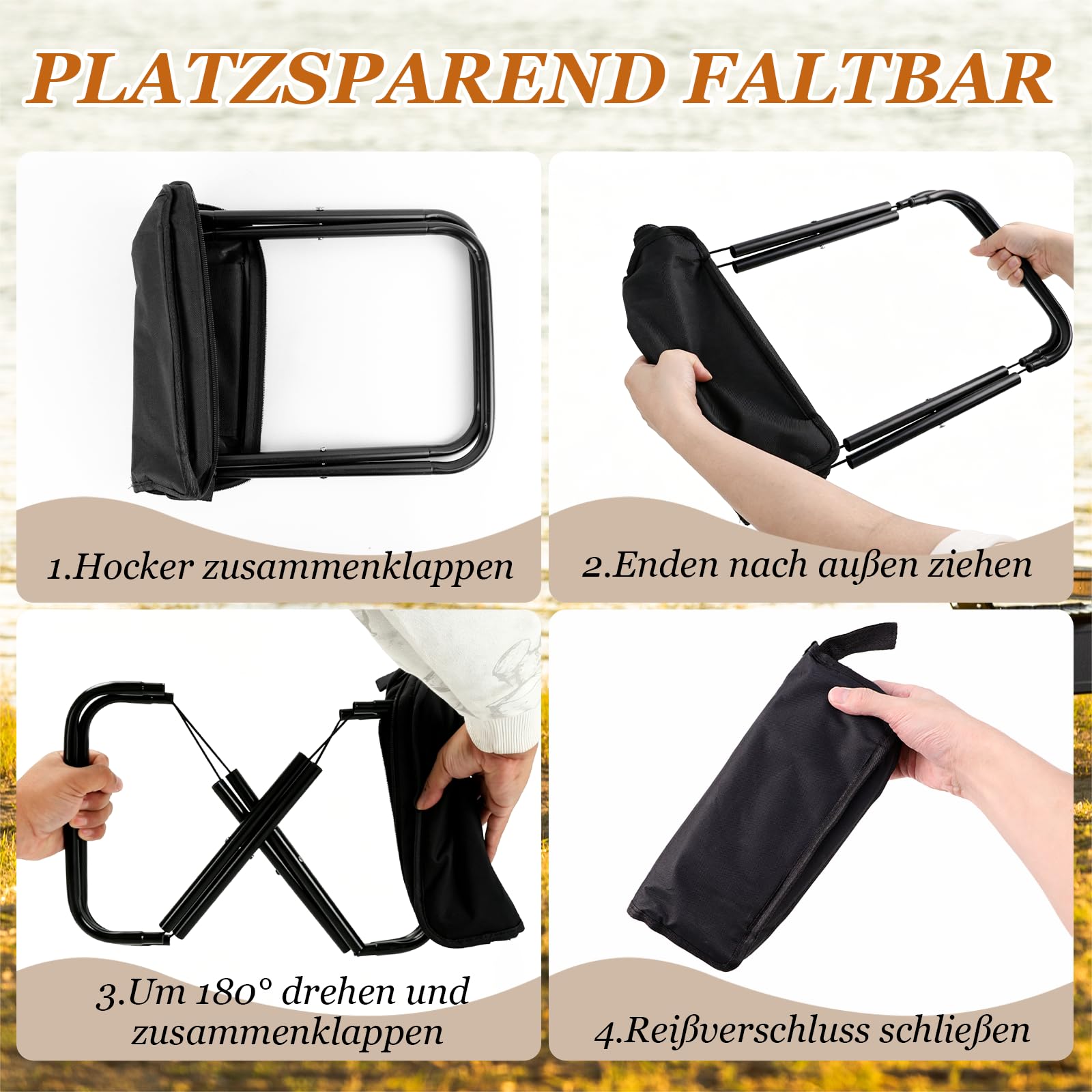 Campinghocker Klappbar 2er-Set Schwarz, Falthocker 26 cm mit Tragegriff, Leicht und Platzsparend Reisehocker, für Camping, Outdoor, Picknick, Angeln, Wandern, Garten und Balkon