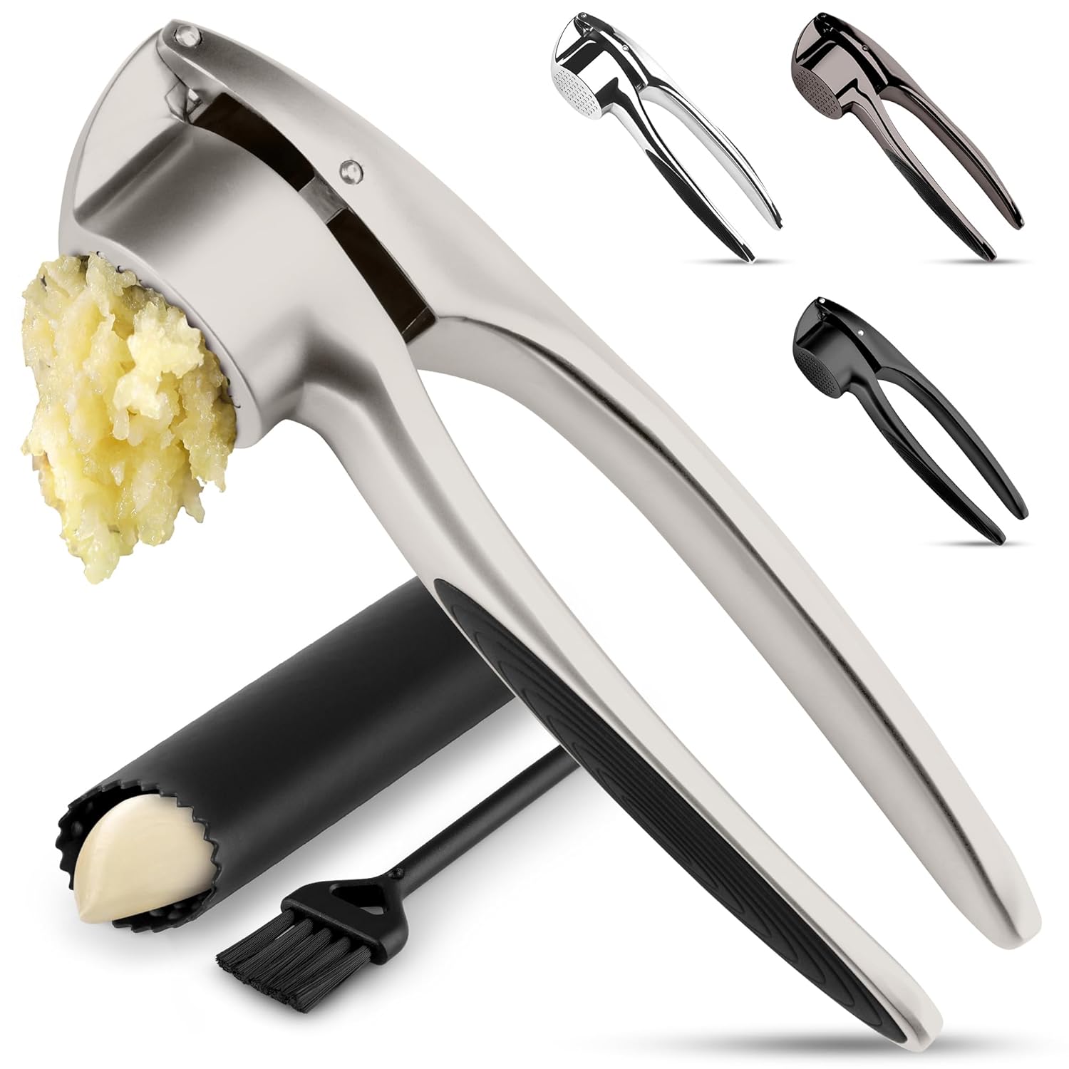 Zulay Kitchen Premium Garlic Press Set Rust Proof Dishwasher Safe Garlic Mincer Tool with Silicone Garlic Peeler Brush