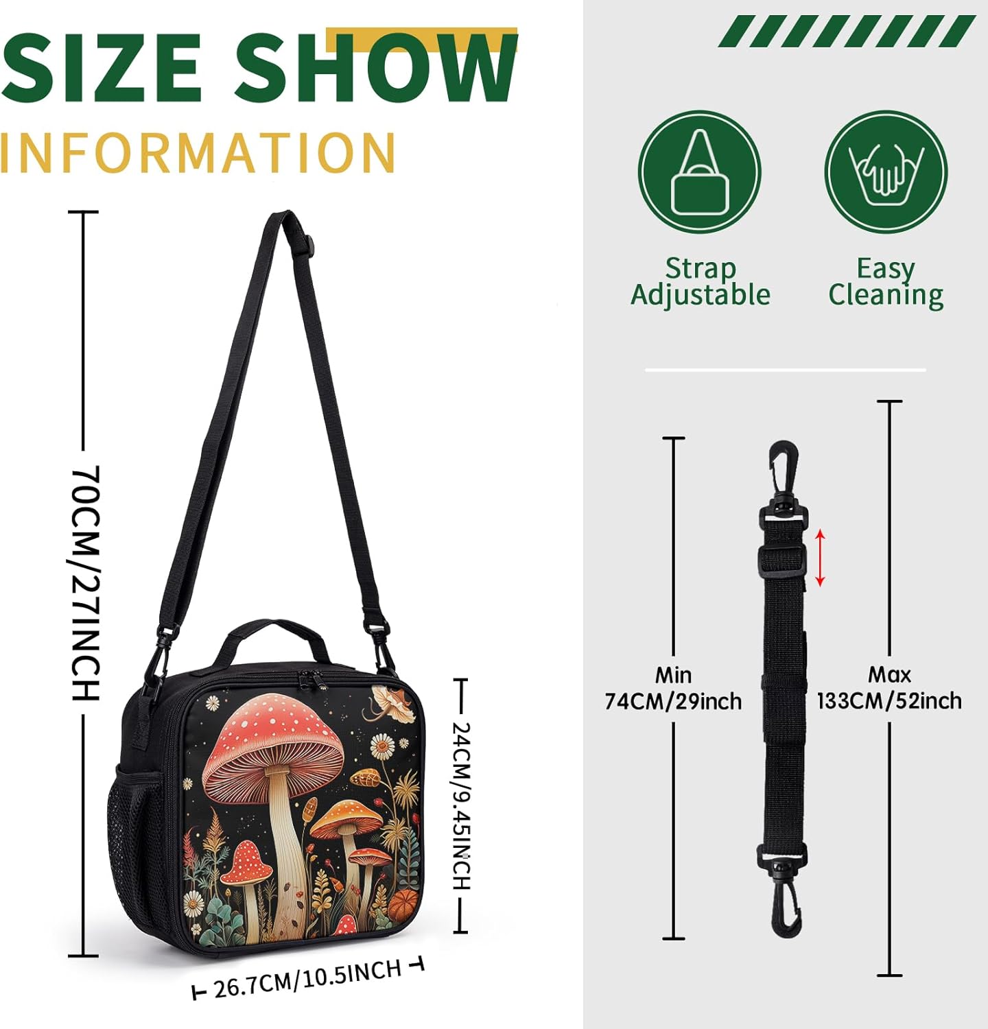 Mushroom Lunch Box Vintage Plant Forest Insulated Lunch Bag Cute Mushrooms Kids Lunchbox Reusable Lunch Cooler Tote Bag Thermal Lunch Pail for Work Picnic School - Image 2