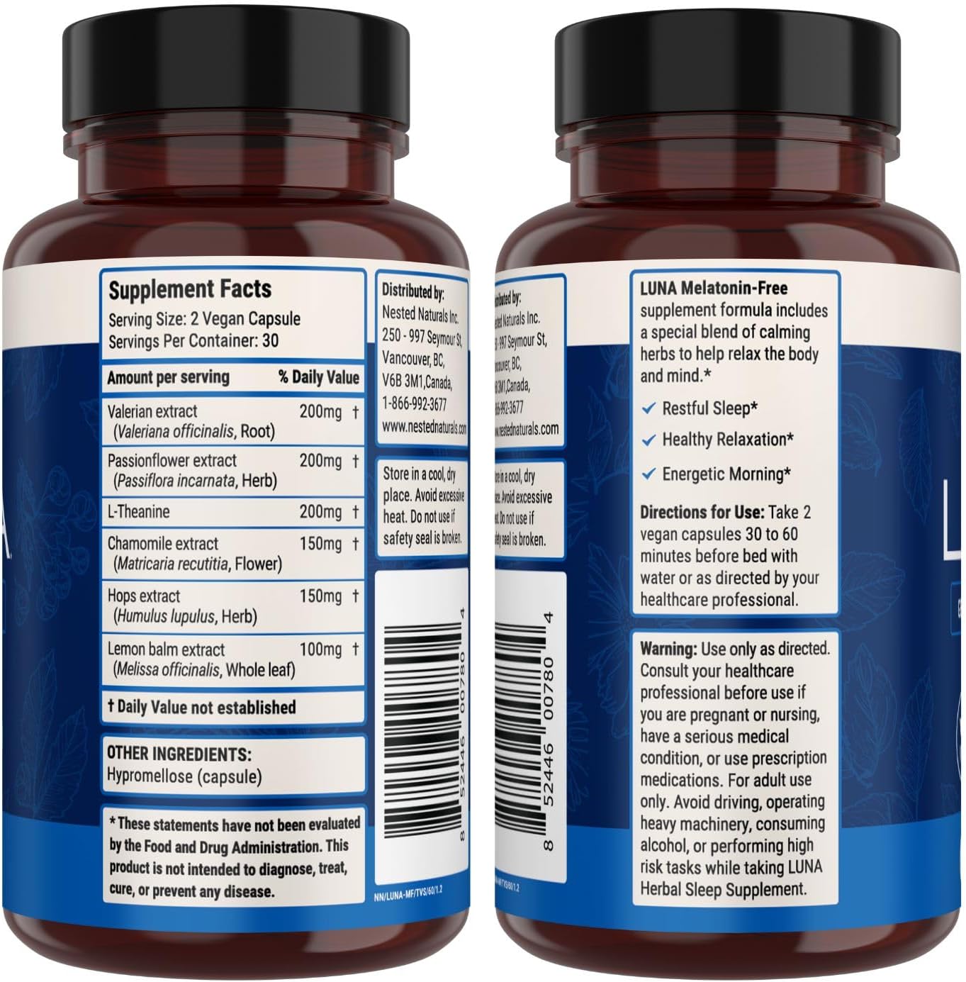 Nested Naturals Luna Sleep Supplement, Melatonin Free, Non-Habit Forming Herbal Sleep Supplement, Adult Bedtime Support, Help Sleeping w/Chamomile, Valerian, L-Theanine, 60 Vegan Capsules - Image 9