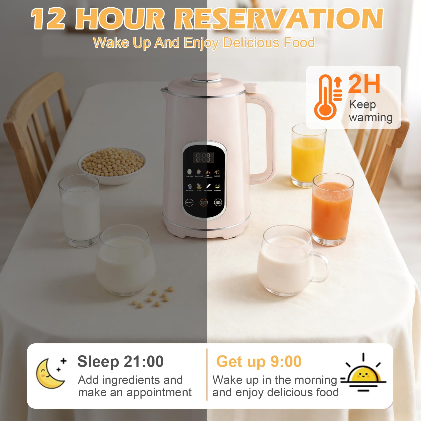 Machine à lait de noix 8 en 1 avec panneau tactile icône, machine à lait végétal 1200 ml avec auto-nettoyage, minuterie et fonction de maintien au chaud - Machine à lait de soja et d'avoine pour lait