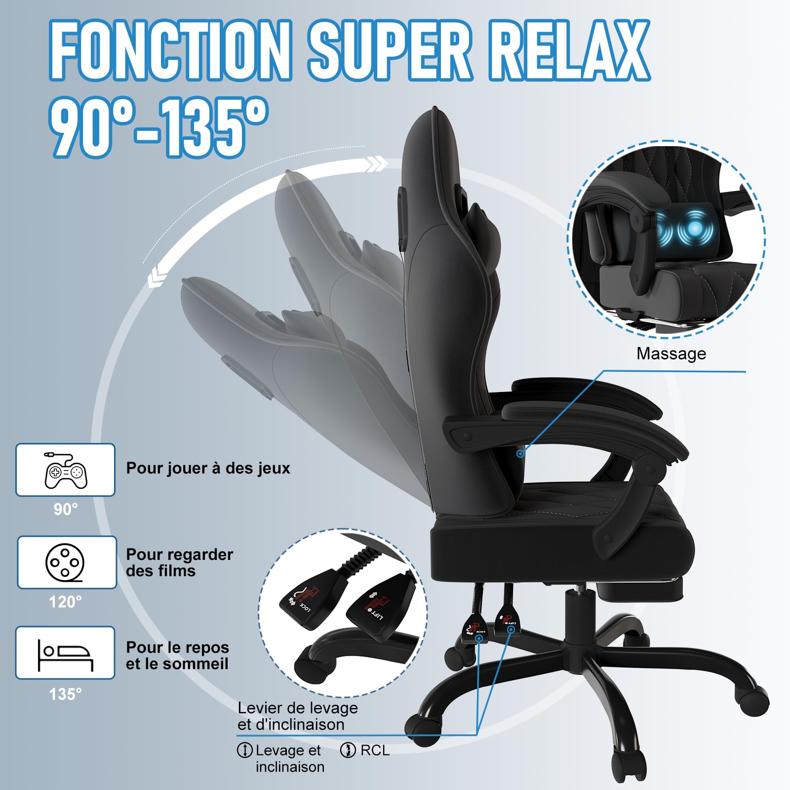 JUMMICO Chaise de Gaming en Tissu avec Repose-Pieds Extensible, Chaise de Bureau Ergonomique avec Massage, Hauteur réglable, Chaise Gamer avec Rembourrage à Ressorts, Capacité de Charge 150KG, Noire