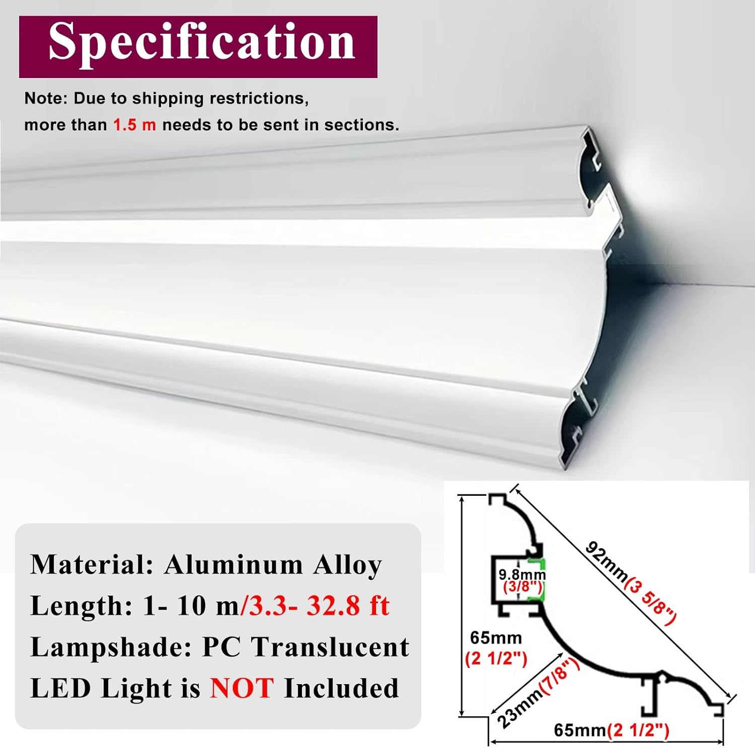 Aluminum Crown Molding Indirect Ceiling Lighting, LED Diffuser Wall Washer Profile, Decorative Coving Trim (8.5m/27.9ft) - Elegant Cornice Lighting Solution