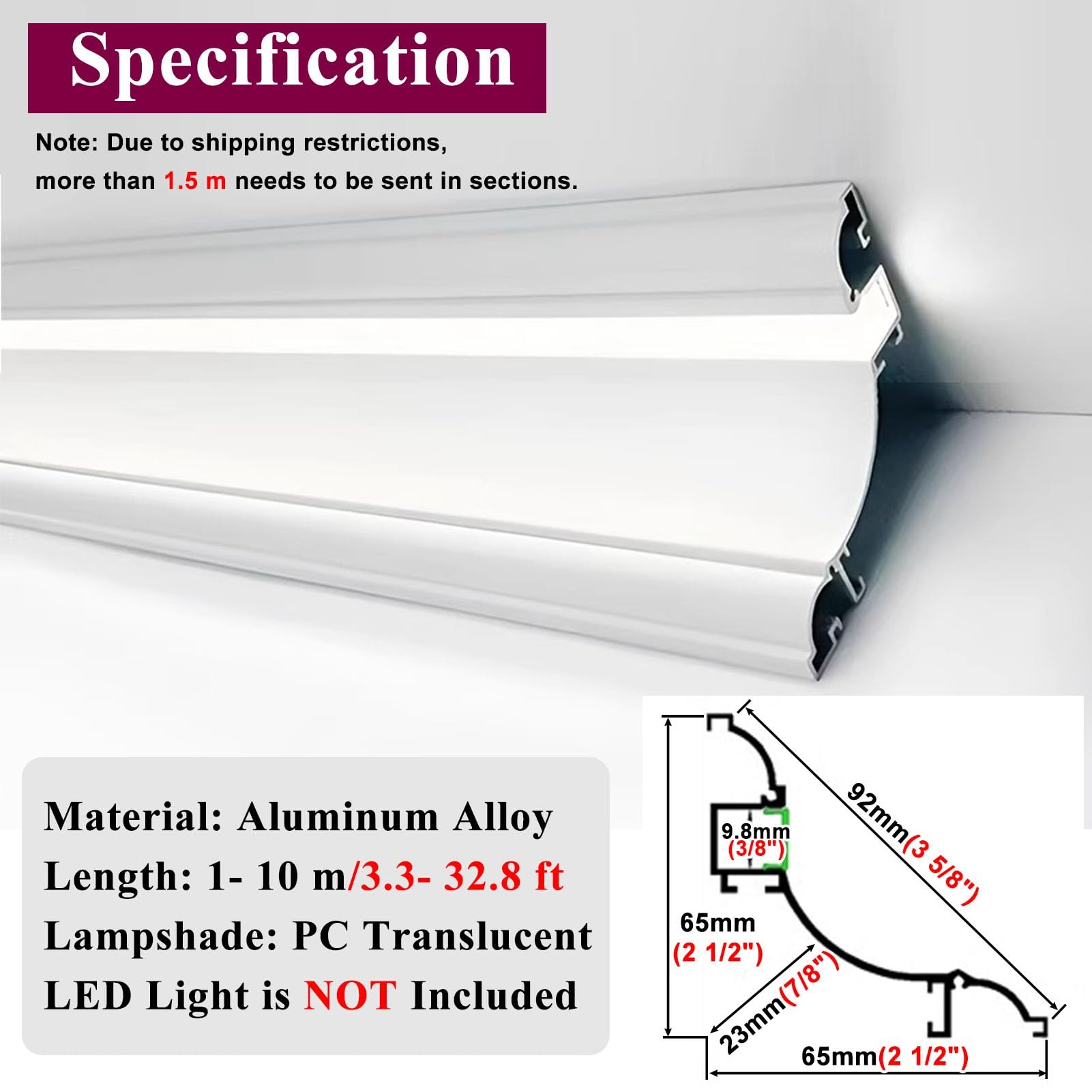 Sufitowe listwy sufitowe LED pośrednie oświetlenie sufitowe Aluminiowe listwy gzymsowe Profil do mycia ścian 3,5 m (11,5 stóp), dekoracyjny gzyms z kanałem dyfuzora do oświetlenia