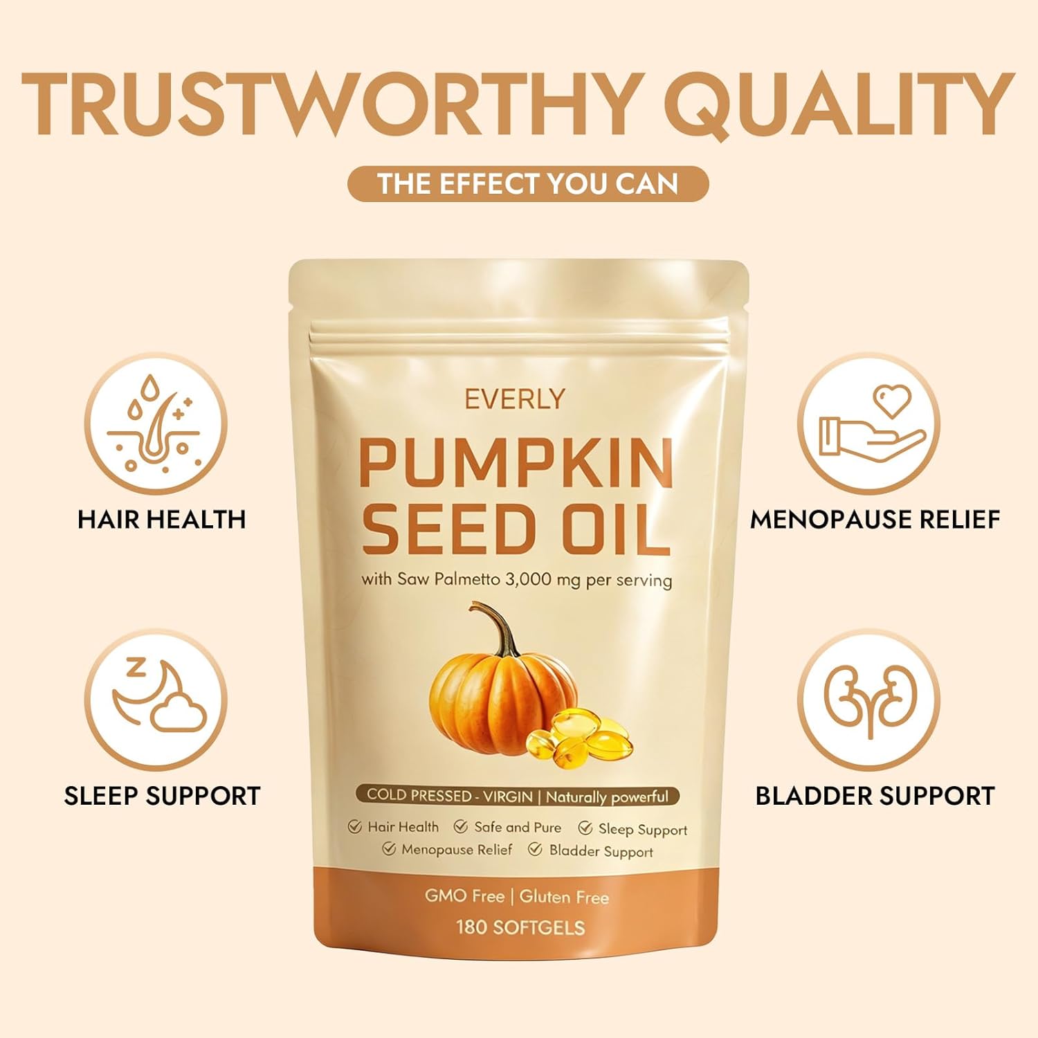 Everly Pumpkin Seed Oil with Saw Palmetto - Cold Pressed Virgin Oil, 3000mg per Serving, Rich in Essential Fatty Acids, Cold Pressed Pumpkin Seed Oil Capsules, Non-GMO - 180 Softgels