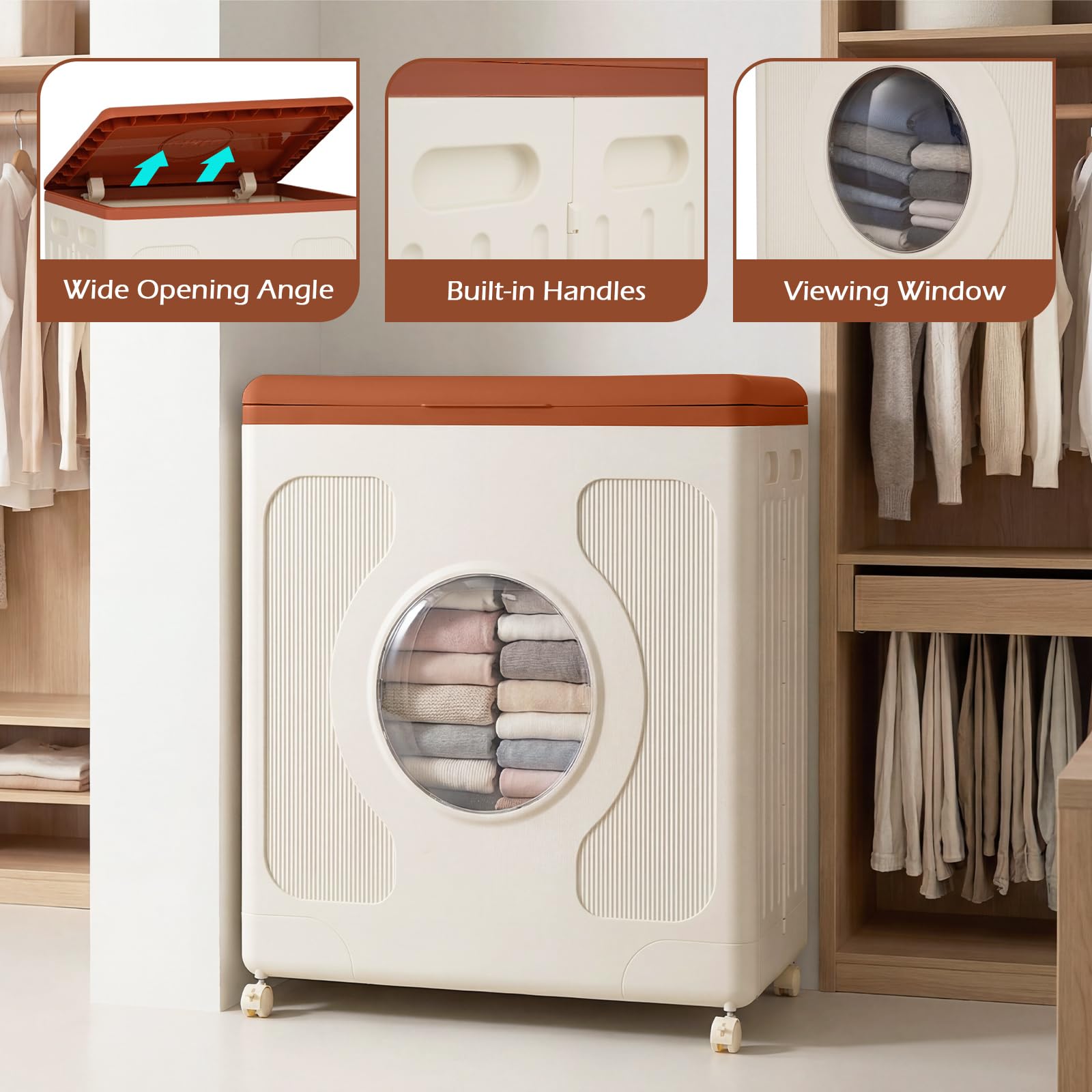 GIANTEX Caja de Almacenamiento 122 L con Ruedas Extraíbles, Contenedor de Plástico Plegable con Ventana Transparente, Tapa y Asas, Organizador Móvil para Lavandero, Dormitorio (Marrón)