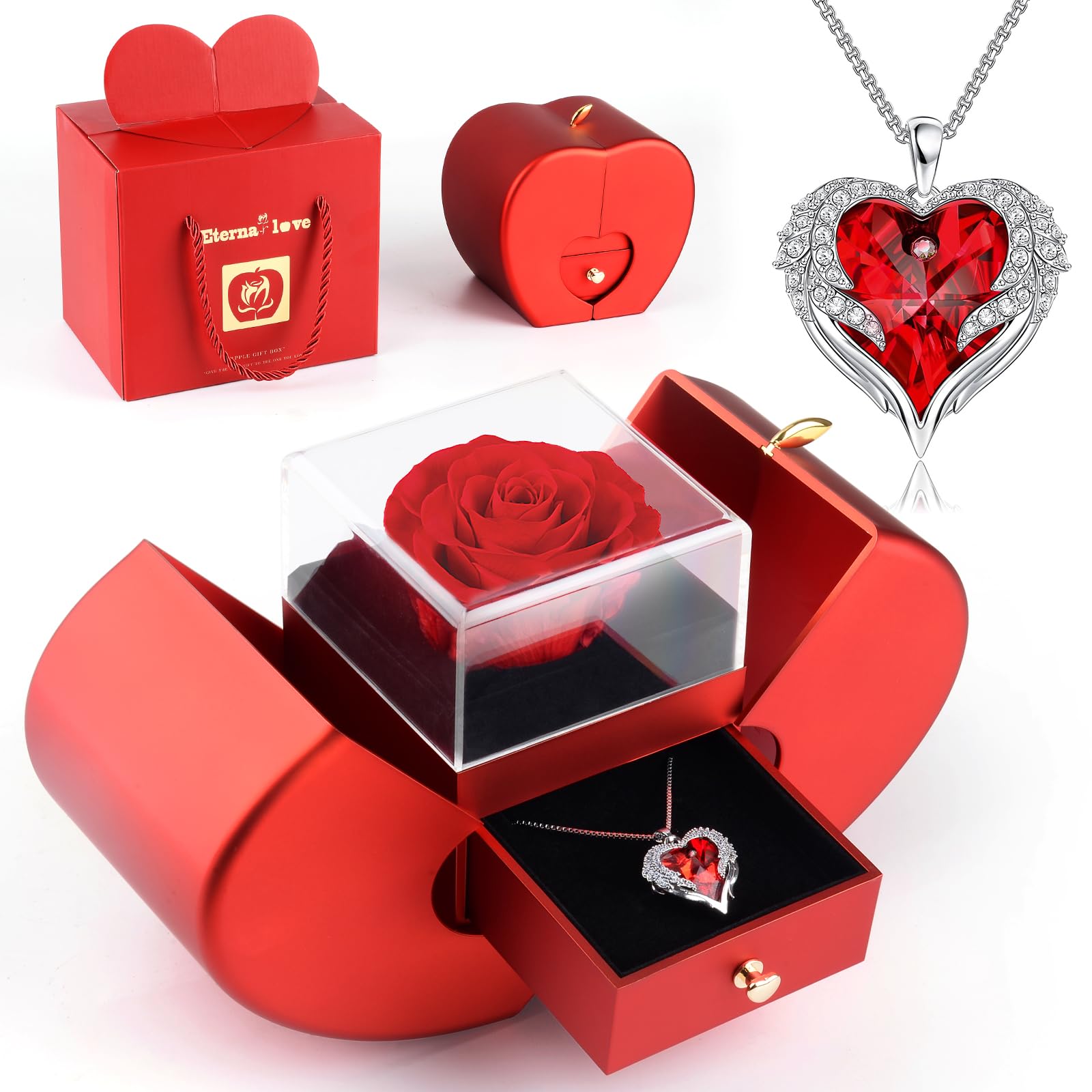 Rosa Stabilizzata Vera Collana Cuore Regalo Eterna Donna San Valentino