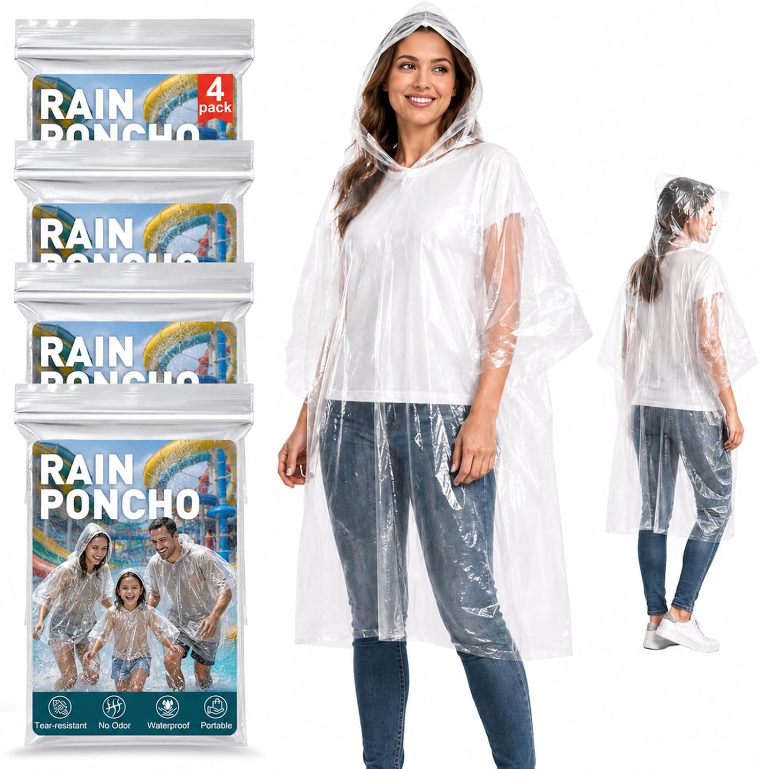 Hydro2Go Disposable Rain Ponchos for Adults, 4 Pack Clear Ponchos with Hood, 40 x 50 Inches Lightweight Emergency Poncho, Compact Family Pack, Individually Packed for Travel, Camping & Hiking