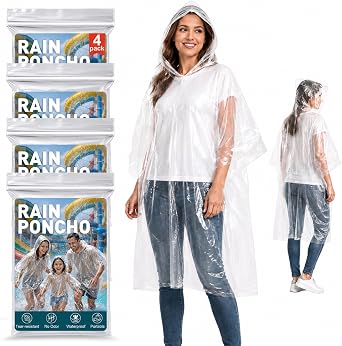 Hydro2Go Disposable Rain Ponchos for Adults, 4 Pack Clear Ponchos with Hood, 40 x 50 Inches Lightweight Emergency Poncho, Compact Family Pack, Individually Packed for Travel, Camping & Hiking