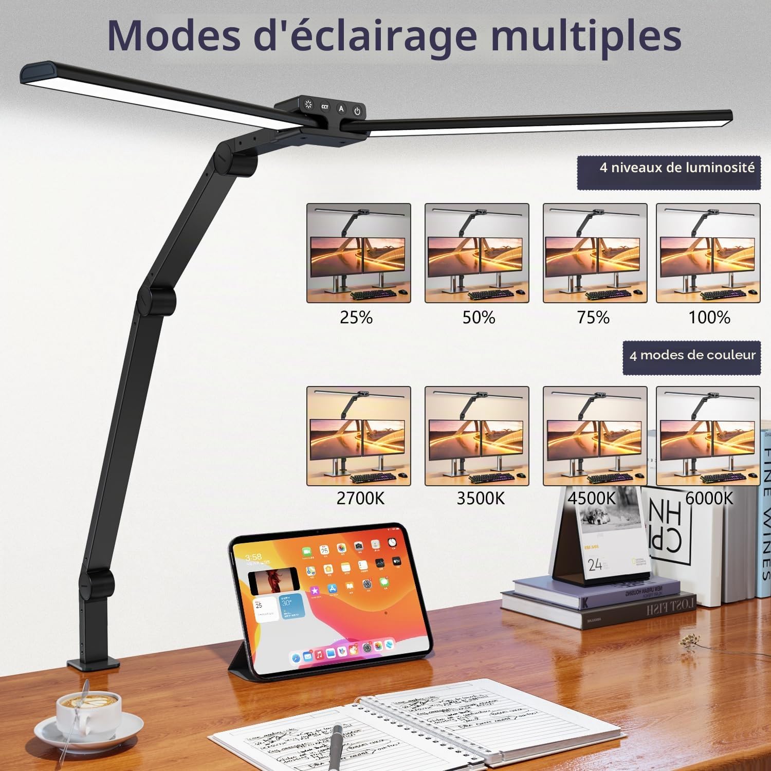KableRika Lampe de bureau LED à pince, double tête, 24W réglable Noir | 1200 lm, 3 articulations stables à 225°, réglage automatique de la luminosité – idéale pour le bureau et le travail sur écran