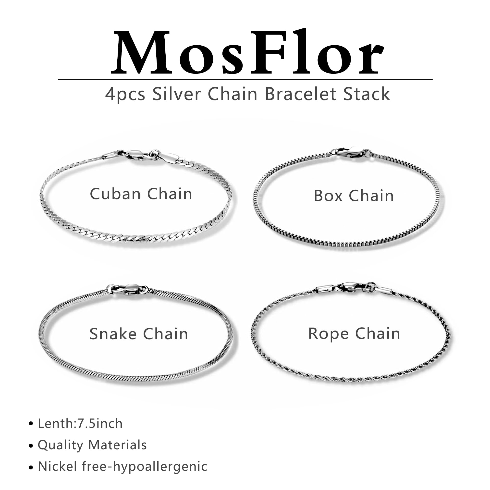 Pulsera de plata para hombres y mujeres, pulsera de acero inoxidable, pulsera de eslabones cubanos apilados, conjuntos de pulseras de cadena de plata, paquete de pulseras de plata para hombre 5