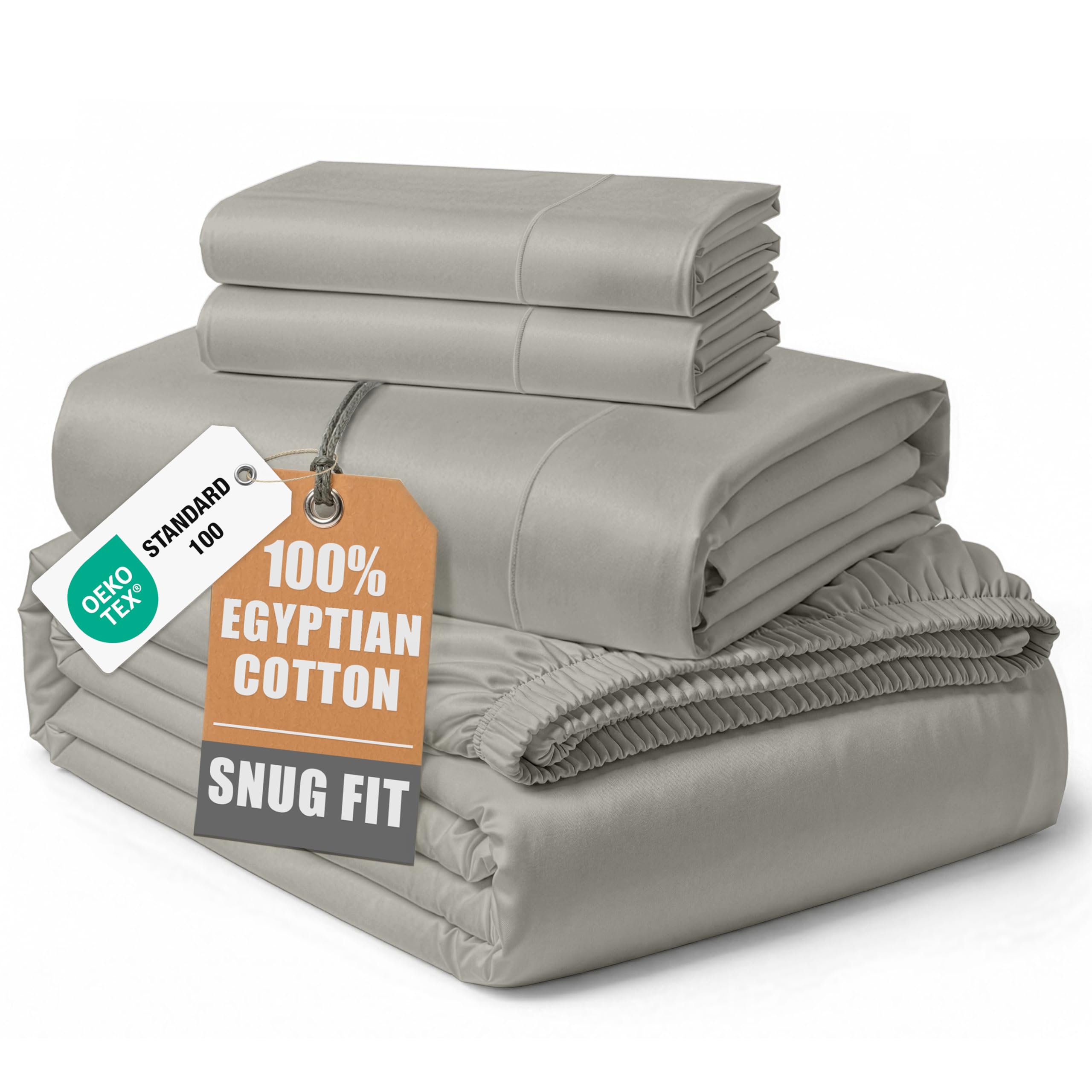 Photo 1 of 100% Egyptian Cotton Sheets King Size - Naturally Cooling & Breathable 4 Piece Silky Sateen Weave King Size Sheets Set, Ultra-Soft & Durable Hotel Luxury Sheets with 15" Snug Fit Deep Pockets - Silver