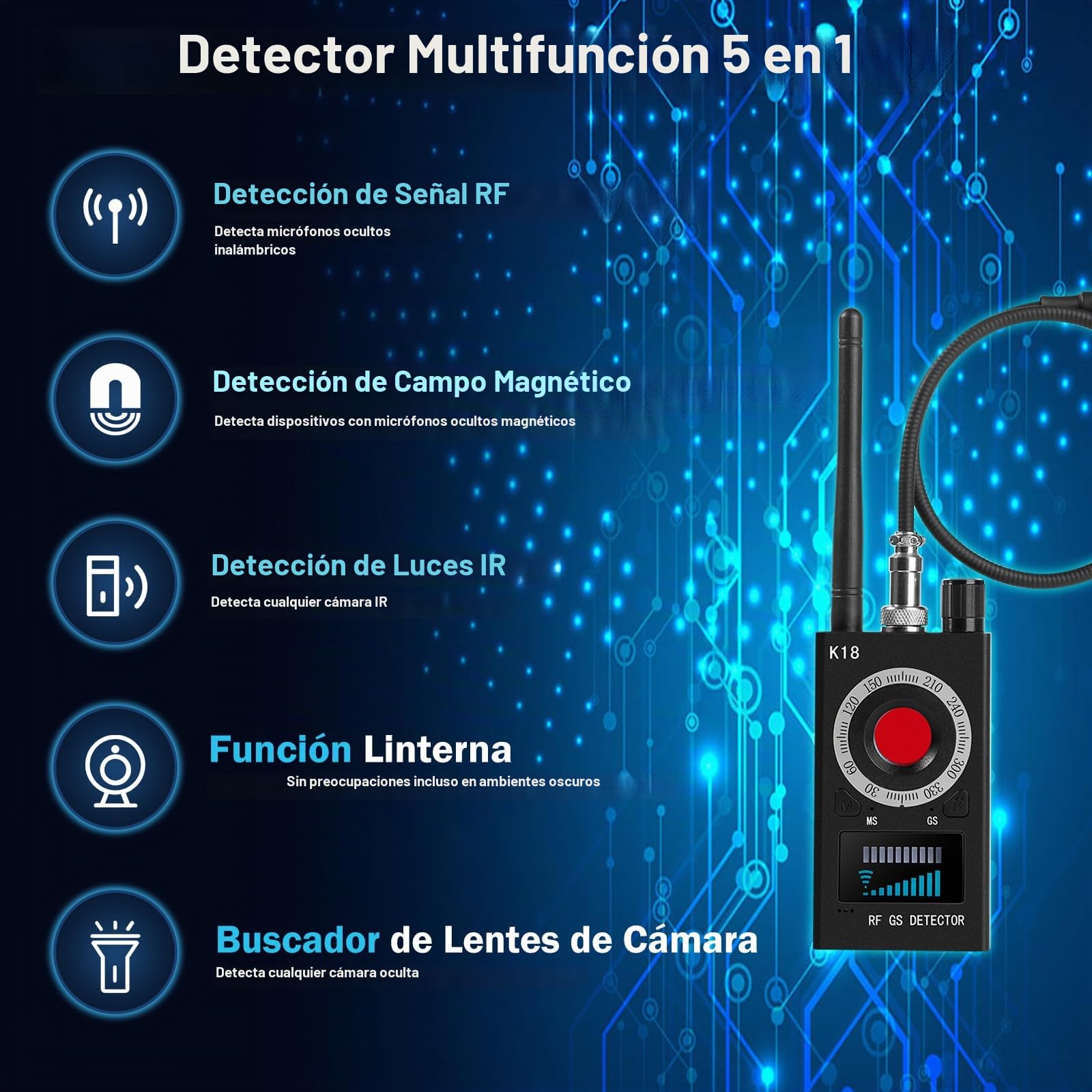 Detector de Camaras y Microfonos Ocultos, Detector de Cámara Espía Portátil Bug Detector Detector Antiespía GPS GMS Spy Finder Detector de señal RF Inalámbrico Detector para Hogar, Oficina, Hotel