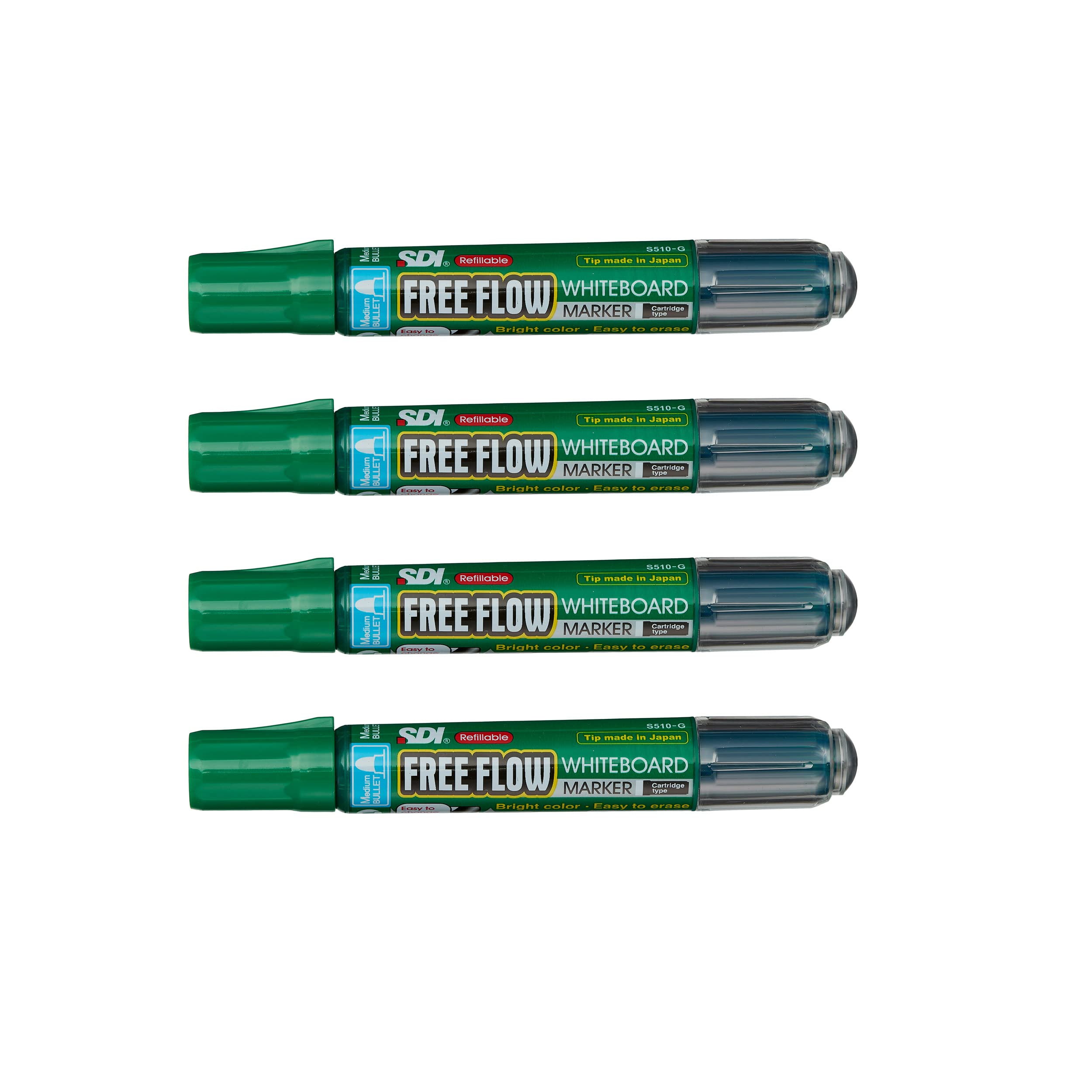 office box Pack 4 Rotulador VERDE para Pizarra Blanca FREE FLOW PREMIUM - REF.S510 - Recargable - 2.3 MM - Eco - Punta Cónica - Calidad SDI (4 Ud - Verde)